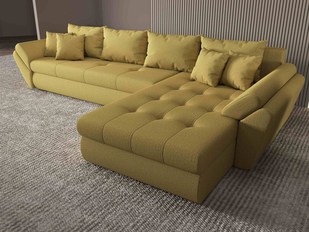 Colțar extensibil dumonde cu ladă de depozitare si sezut confortabil din spuma HR, Loana XL Enjoy Melon II 335x185 cm Fabrica