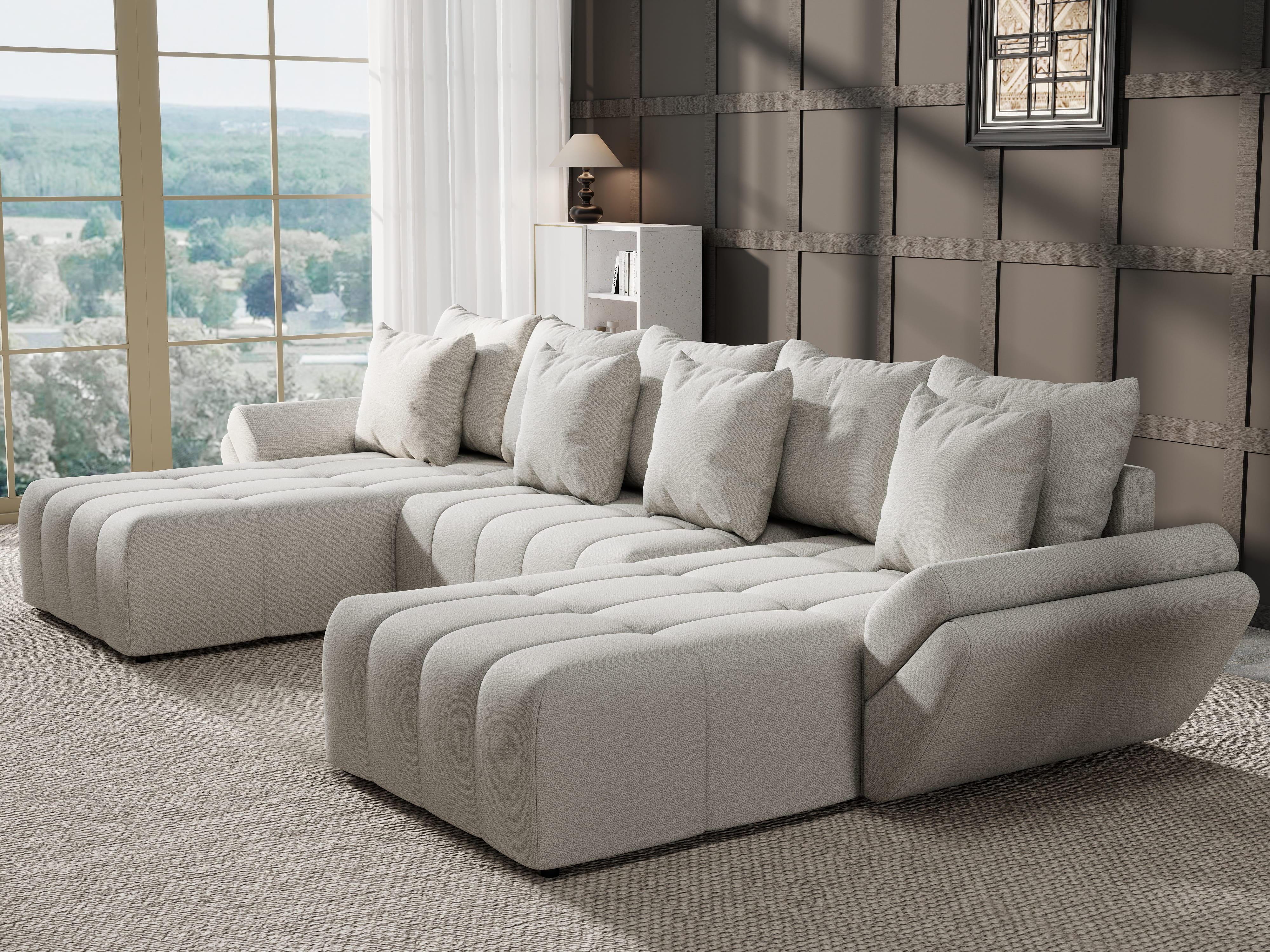 Colțar extensibil dumonde cu ladă de depozitare si sezut confortabil din spuma HR, Berlin U Enjoy Bej 380x180 cm Fabrica