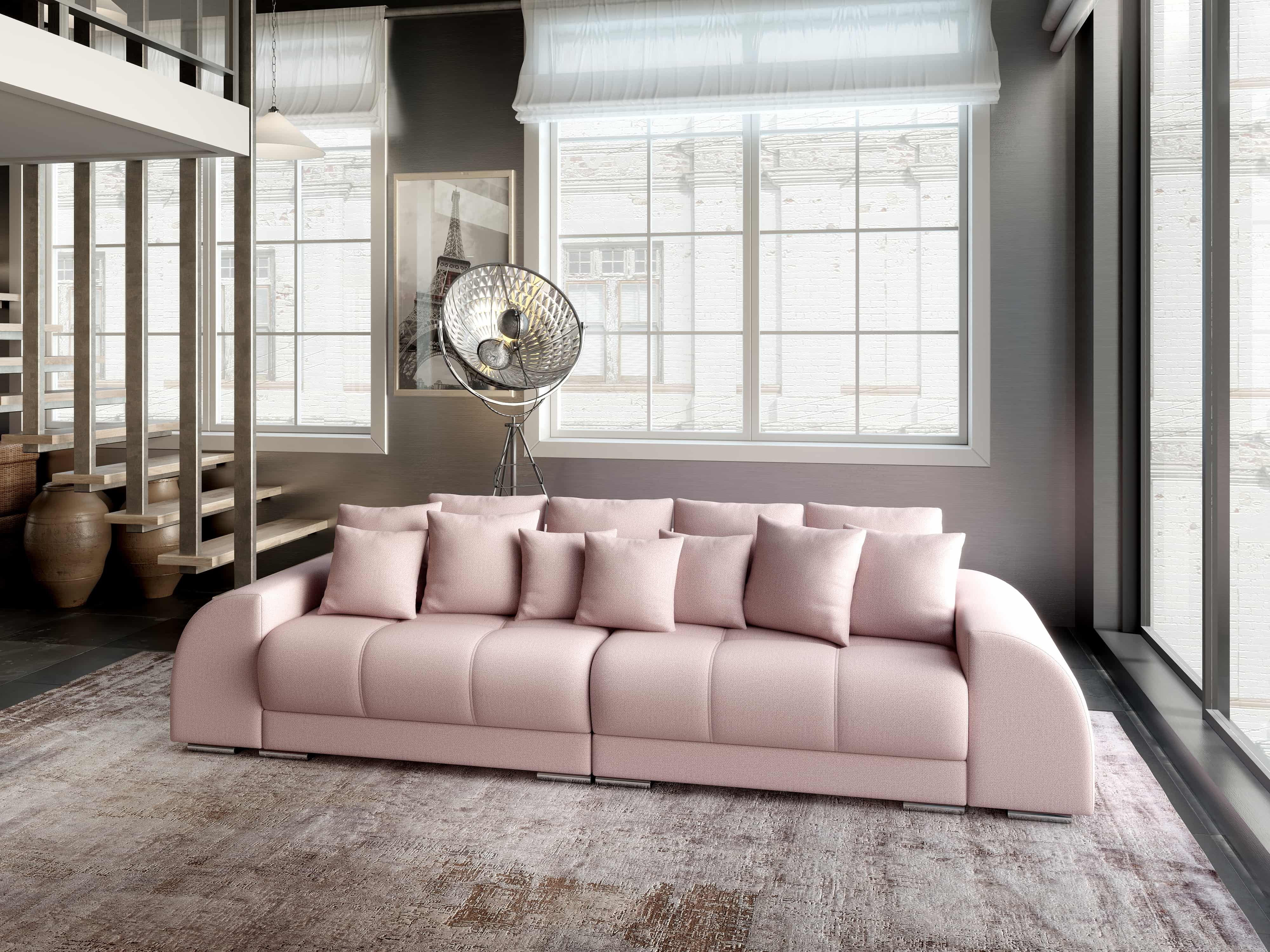Canapea extensibilă dumonde cu 2 lăzi de depozitare si sezut confortabil din spuma HR, Big Sofa Verona Enjoy Lux Flamingo 310x100 cm Fabrica