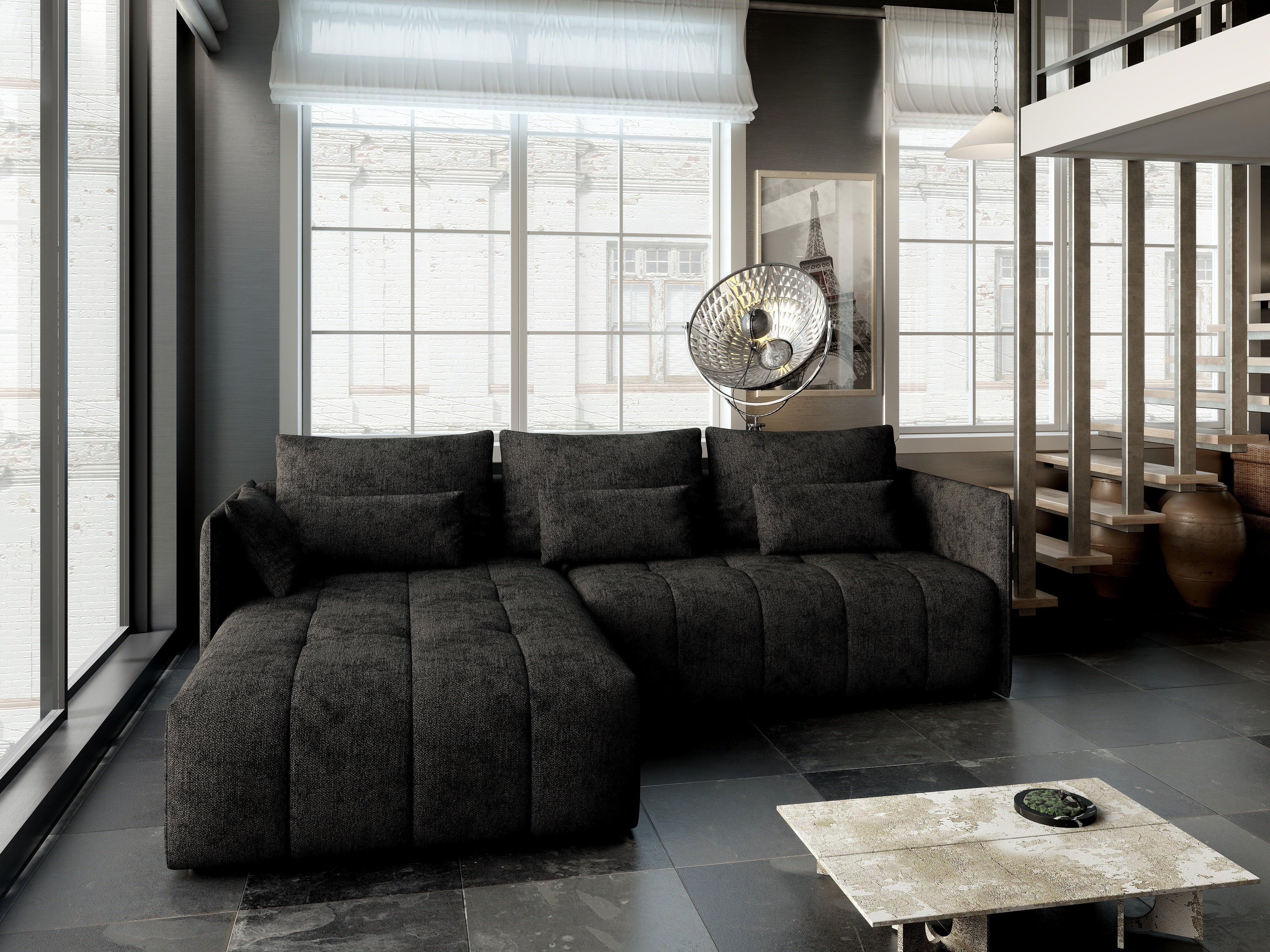 Colțar extensibil dumonde cu ladă de depozitare si sezut confortabil din spuma HR, Malta Black 235x185 cm Fabrica