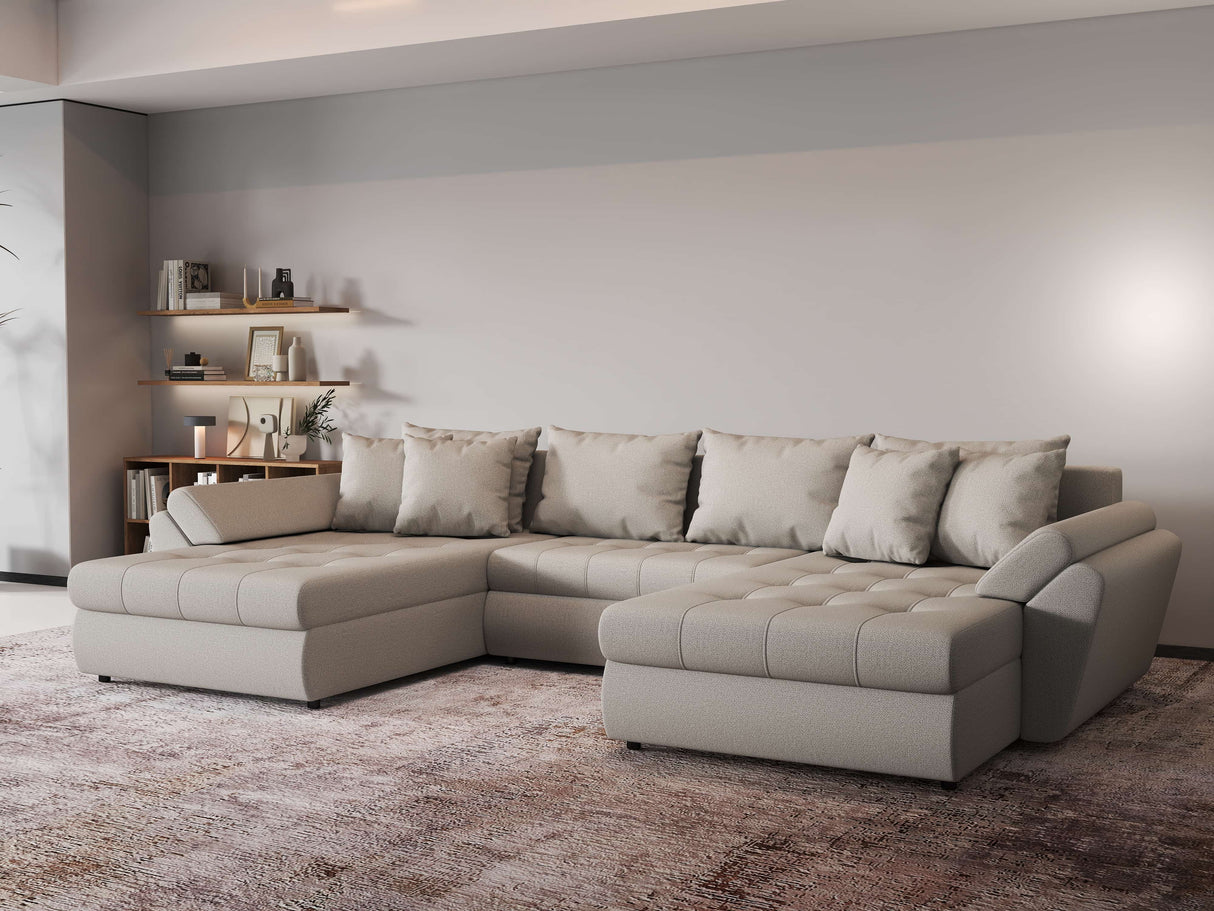 Colțar extensibil dumonde cu ladă de depozitare si sezut confortabil din spuma HR, Loana Bej U 355x185 cm Fabrica