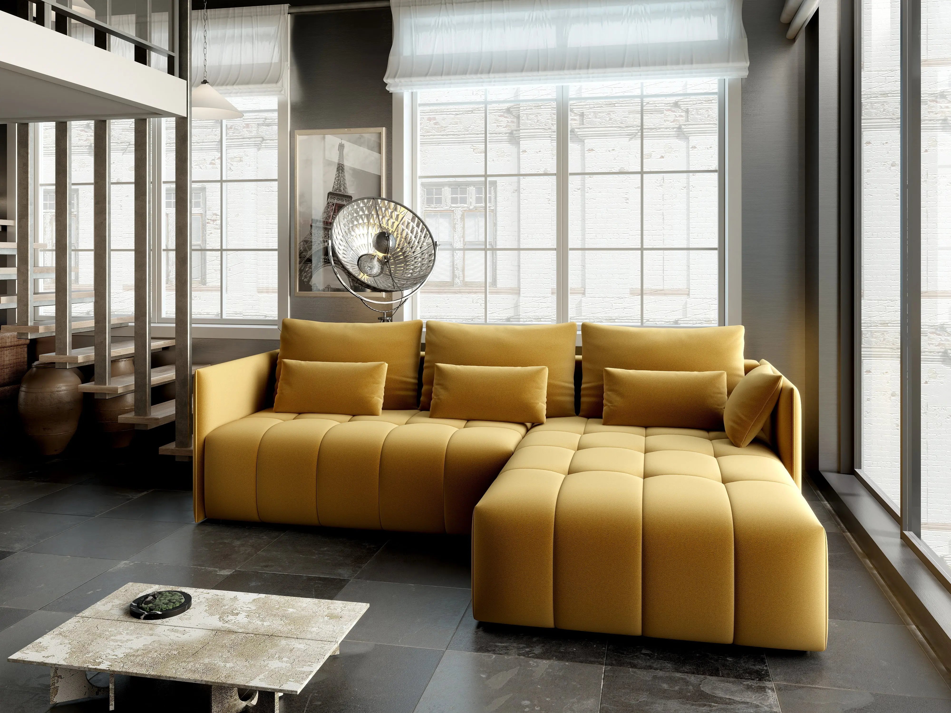 Colțar extensibil dumonde cu ladă de depozitare si sezut confortabil din spuma HR, Malta Muștar II 235x185 cm Fabrica