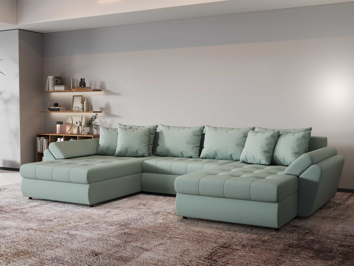 Colțar extensibil dumonde cu ladă de depozitare si sezut confortabil din spuma HR, Loana Enjoy Verde Mint U 355x185 cm Fabrica
