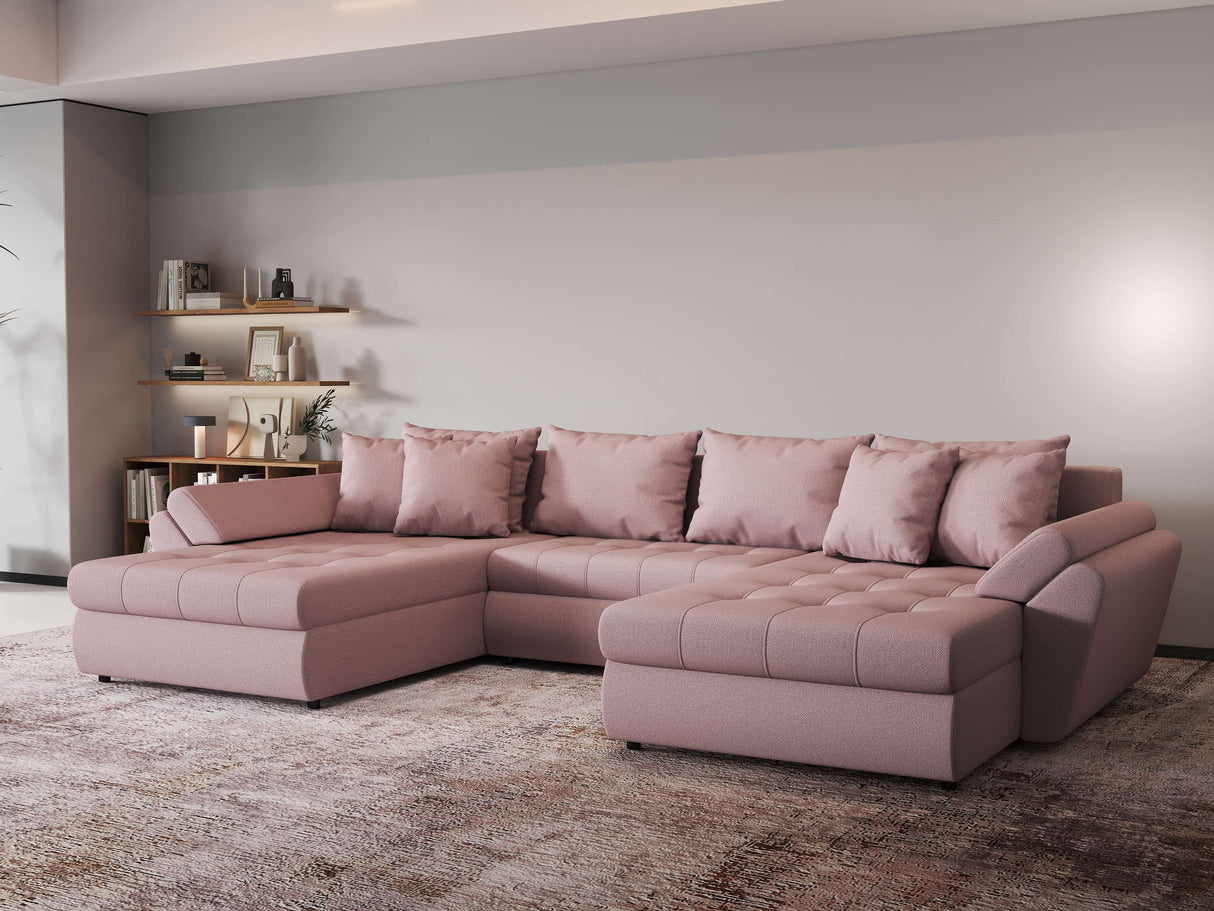 Colțar extensibil dumonde cu ladă de depozitare si sezut confortabil din spuma HR, Loana Enjoy Roz U 355x185 cm Fabrica