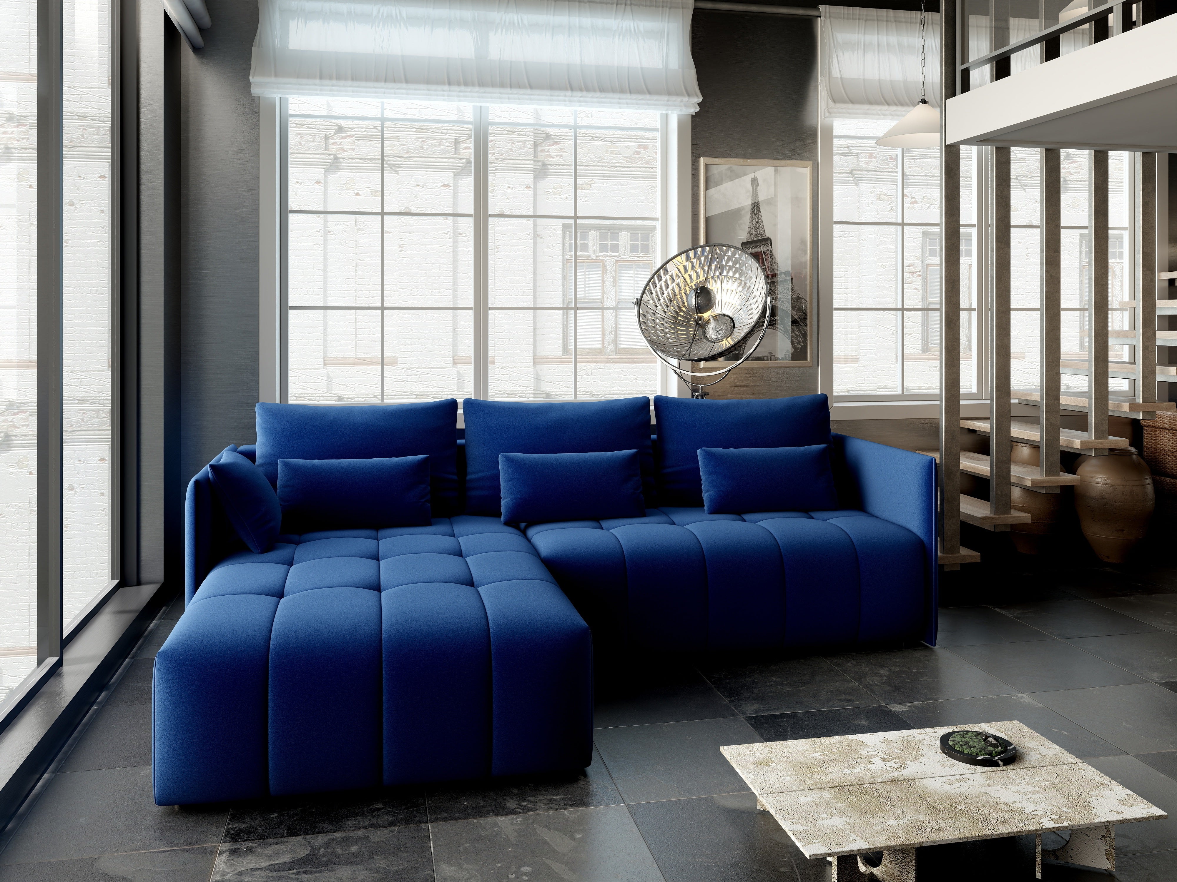 Colțar extensibil dumonde cu ladă de depozitare si sezut confortabil din spuma HR, Malta Royal Blue 235x185 cm Fabrica