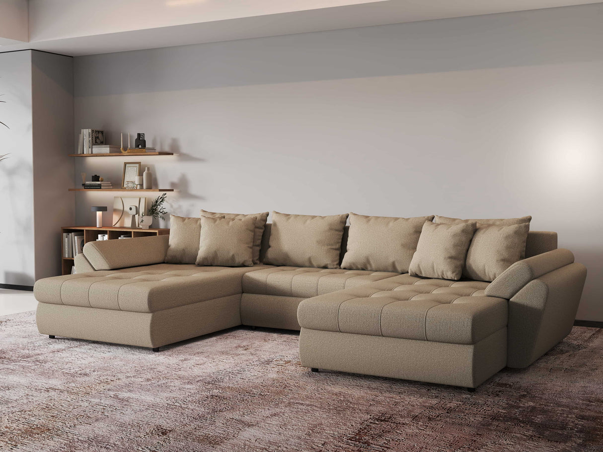 Colțar extensibil dumonde cu ladă de depozitare si sezut confortabil din spuma HR, Loana Bej U 355x185 cm Fabrica