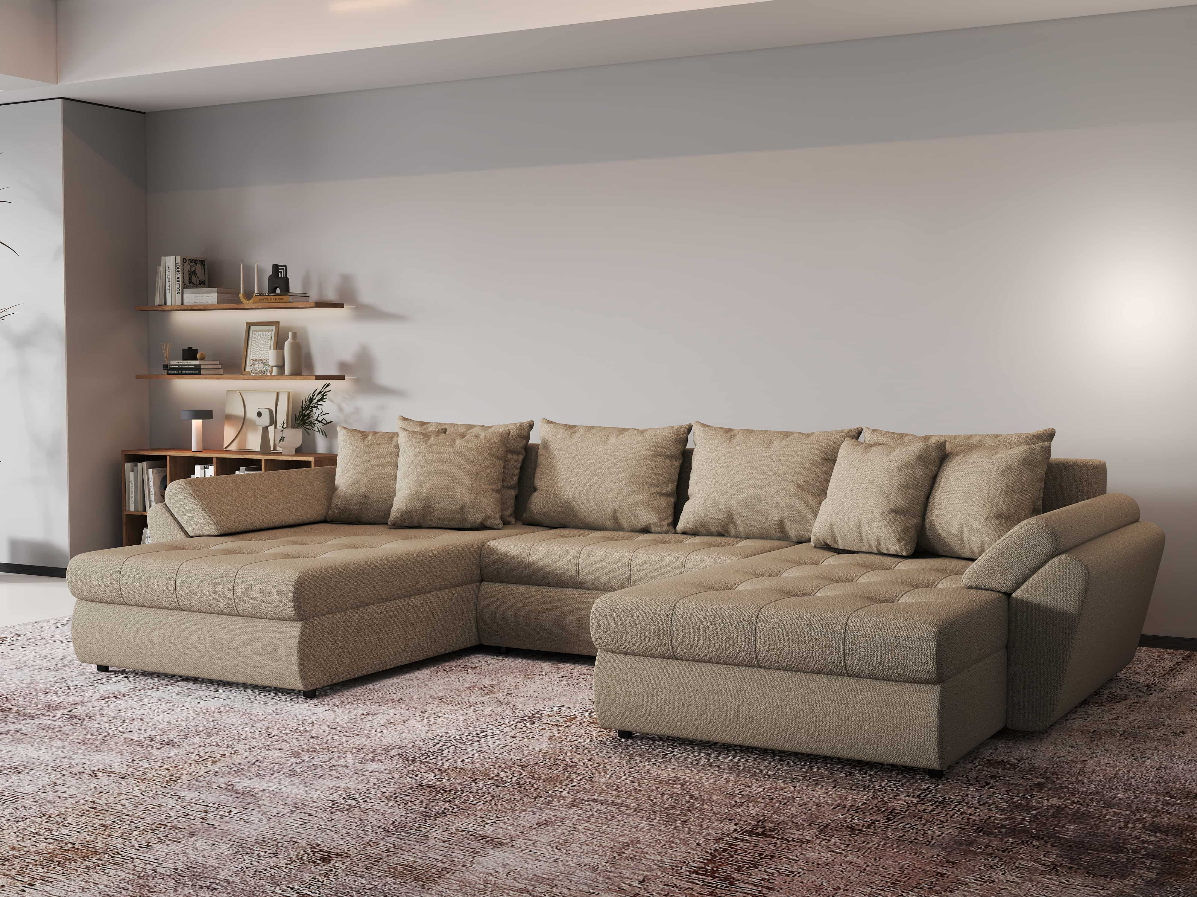 Colțar extensibil dumonde cu ladă de depozitare si sezut confortabil din spuma HR, Loana Bej U 355x185 cm Fabrica