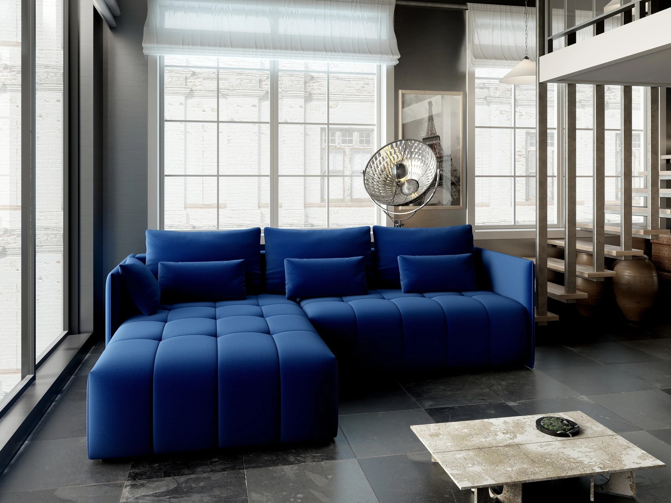 Colțar extensibil dumonde cu ladă de depozitare si sezut confortabil din spuma HR, Malta Royal Blue 235x185 cm Fabrica