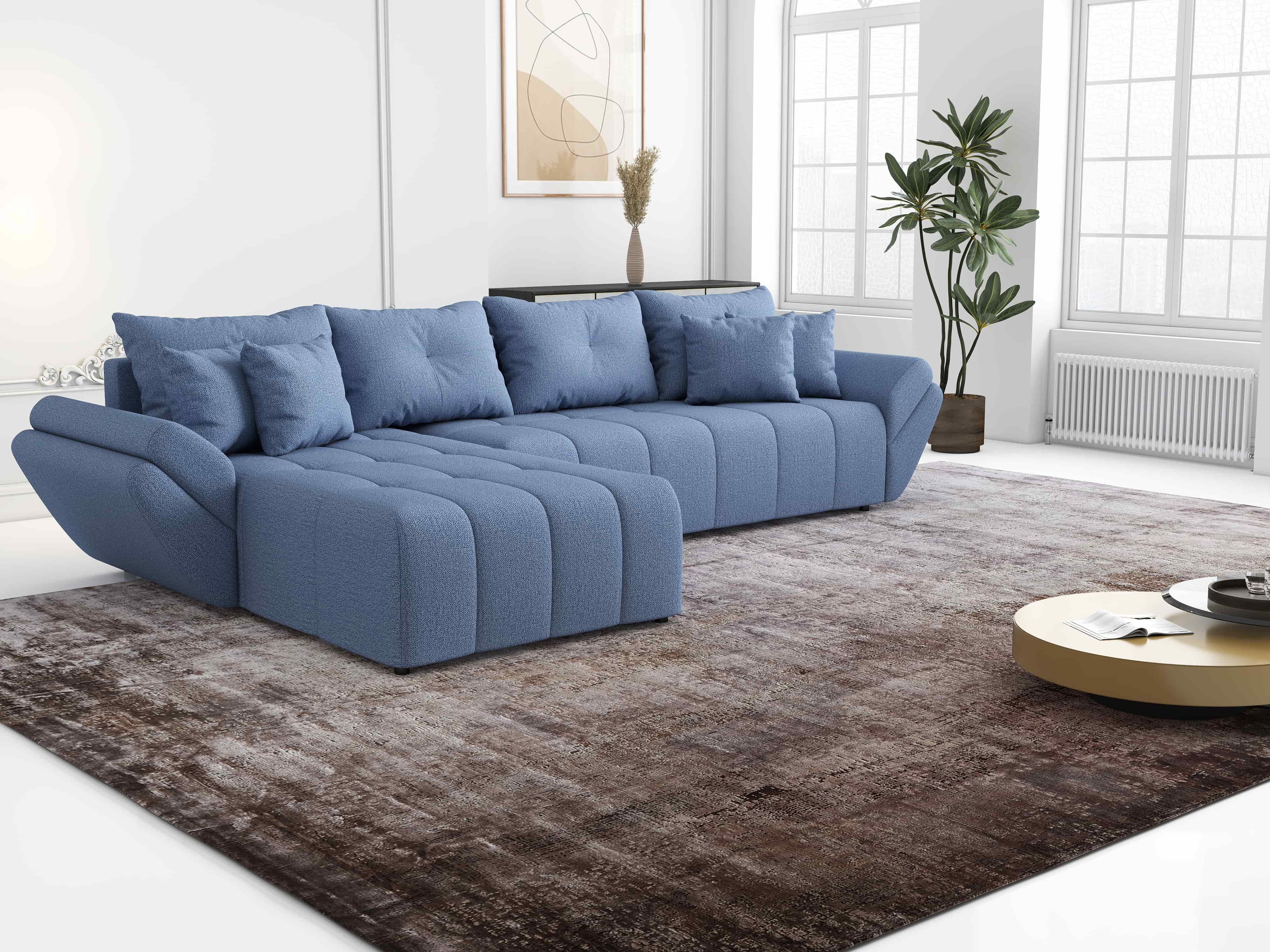 Colțar extensibil dumonde cu ladă de depozitare si sezut confortabil din spuma HR, Berlin XL Enjoy Lux Blue 350x185 cm Fabrica