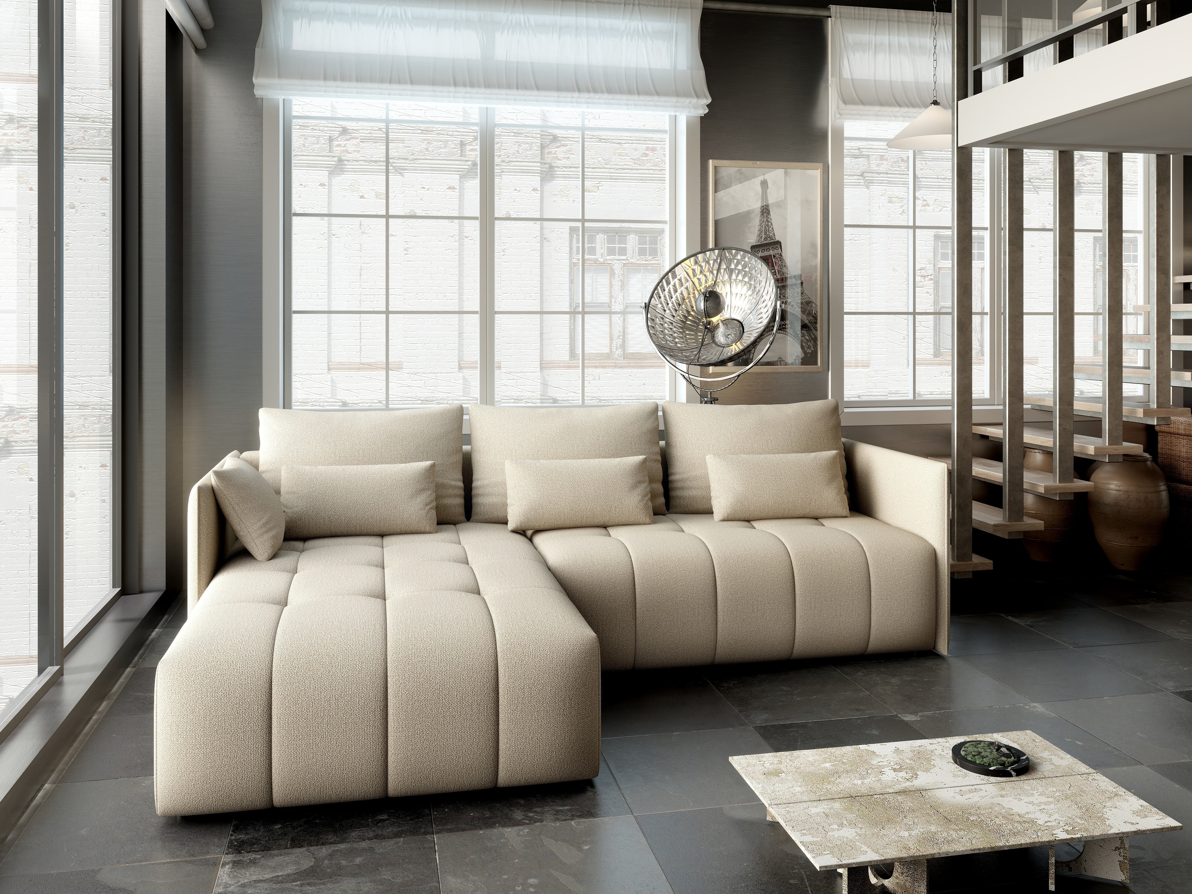 Colțar extensibil dumonde cu ladă de depozitare si sezut confortabil din spuma HR, Malta Bej 235x185 cm Fabrica