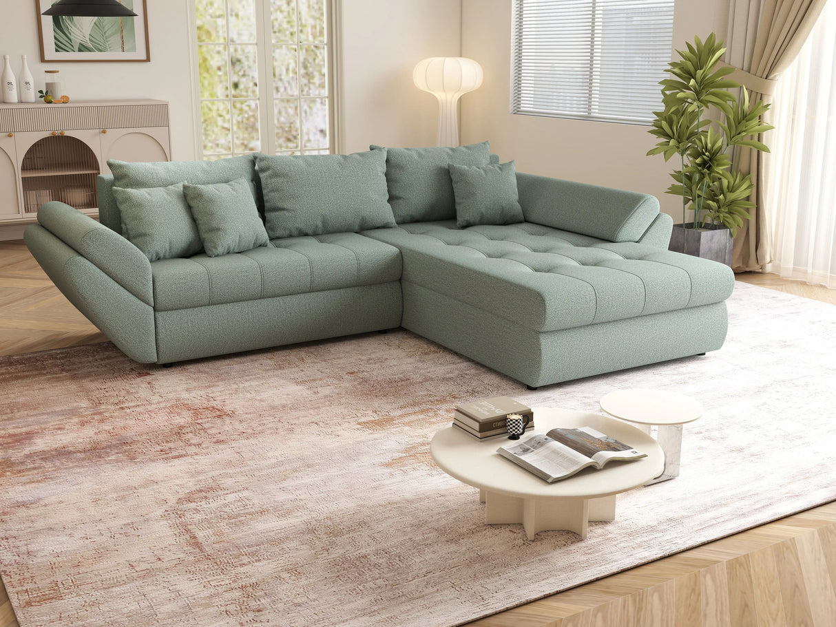 Colțar extensibil dumonde cu ladă de depozitare si sezut confortabil din spuma HR, Loana Mint II 270x185 cm Fabrica