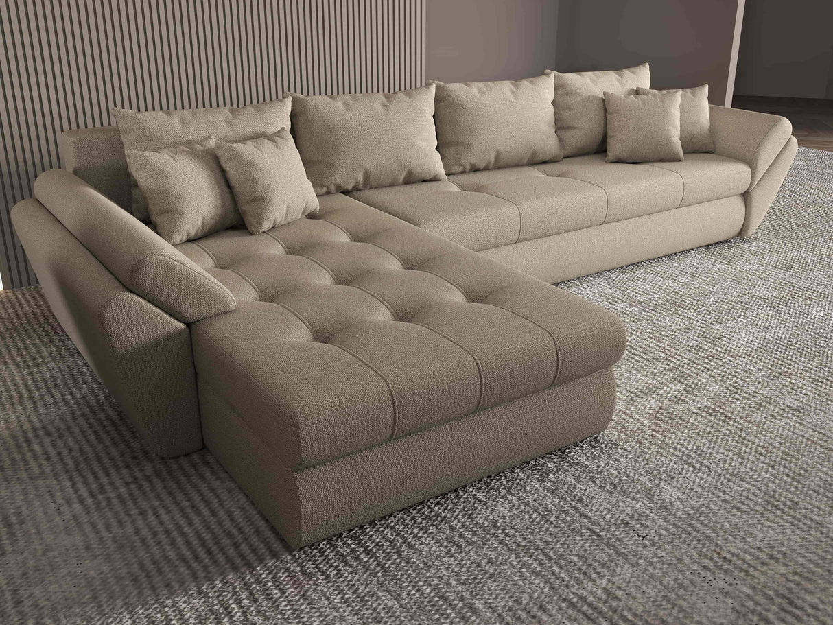 Colțar extensibil dumonde cu ladă de depozitare si sezut confortabil din spuma HR, Loana XL Enjoy Bej 335x185 cm Fabrica
