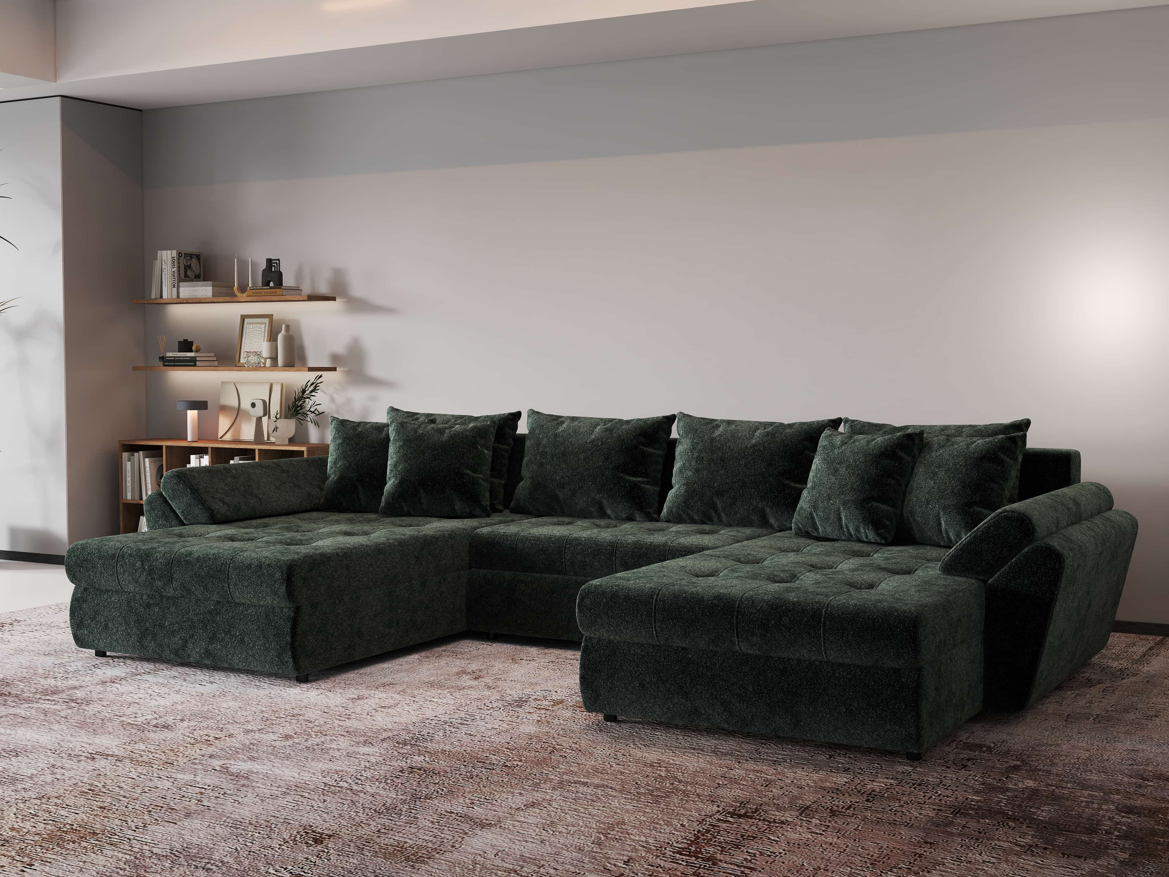 Colțar extensibil dumonde cu ladă de depozitare si sezut confortabil din spuma HR, Loana U Verde Euphoria 355x185 cm Fabrica