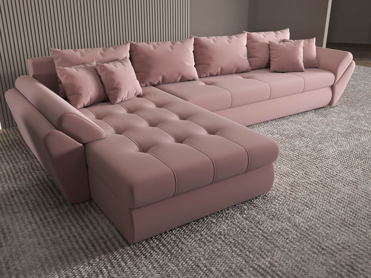 Colțar extensibil dumonde cu ladă de depozitare si sezut confortabil din spuma HR, Loana XL Royal Roz 335x185 cm Fabrica