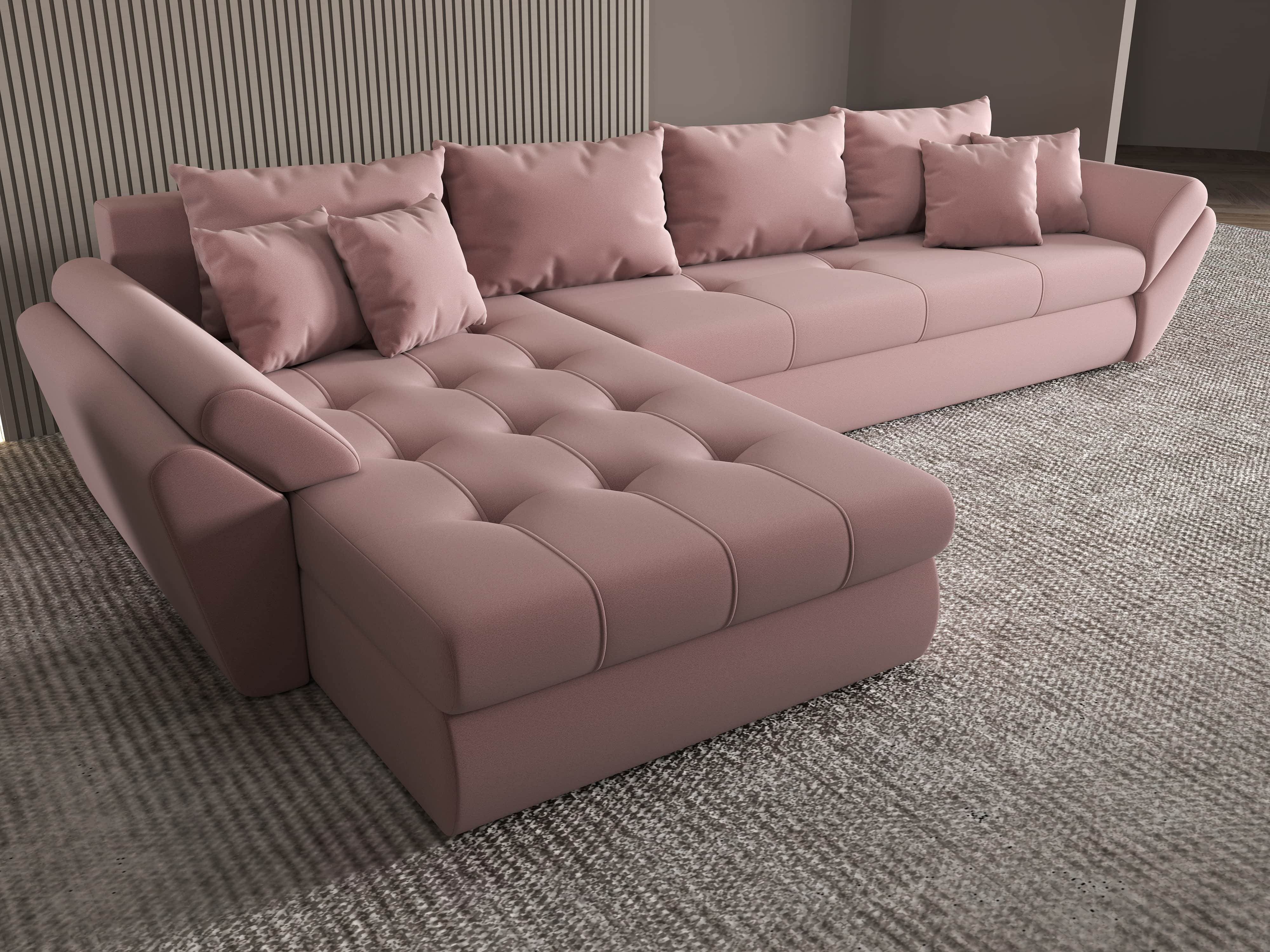 Colțar extensibil dumonde cu ladă de depozitare si sezut confortabil din spuma HR, Loana XL Royal Roz 335x185 cm Fabrica