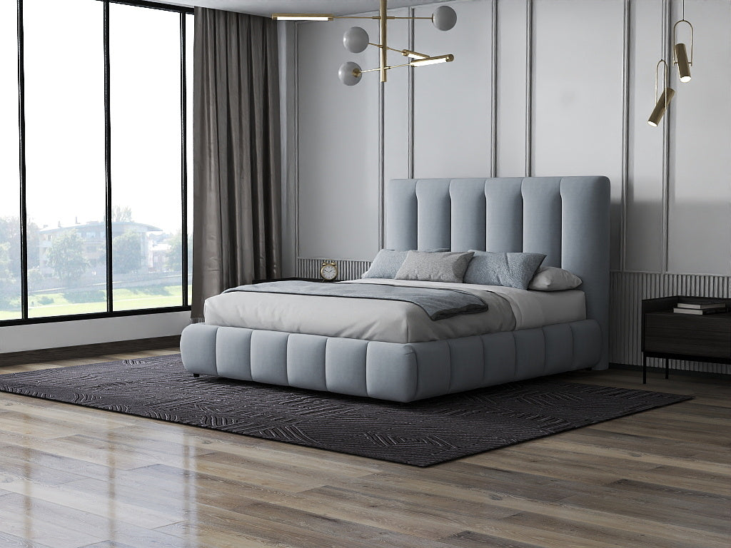 Pat dormitor dumonde, tapitat gri, Divaneo 160x200 cm, somiera rabatabila inclusa, spatiu depozitare