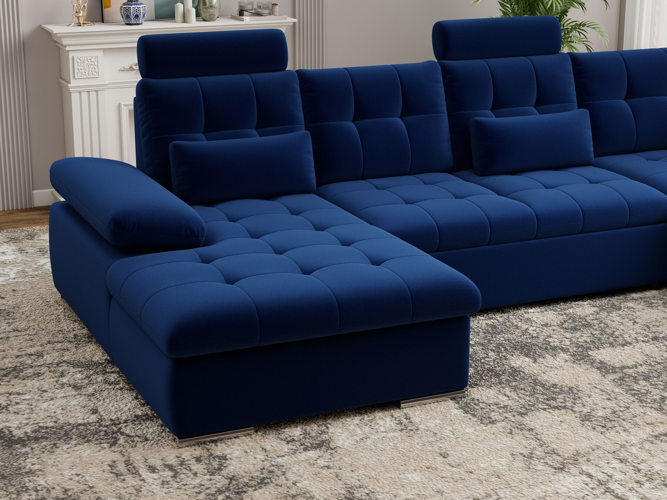 Colțar extensibil dumonde cu ladă de depozitare și șezut confortabil din spumă HR, Merkur U Royal Albastru Navy 324x218 cm