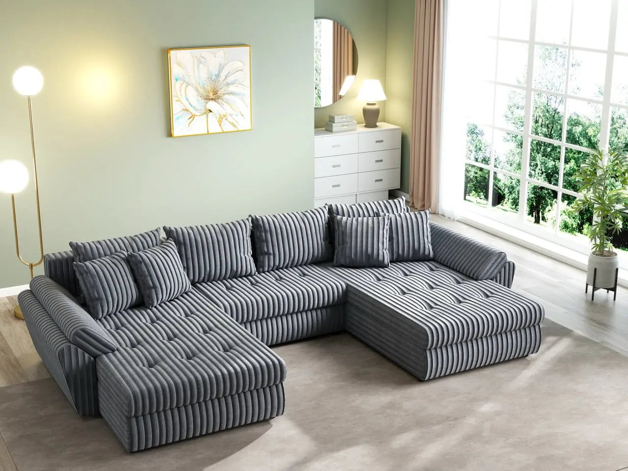 Colțar extensibil dumonde cu ladă de depozitare si sezut confortabil din spuma HR, Loana U Ambience Grey 355x185 cm Fabrica