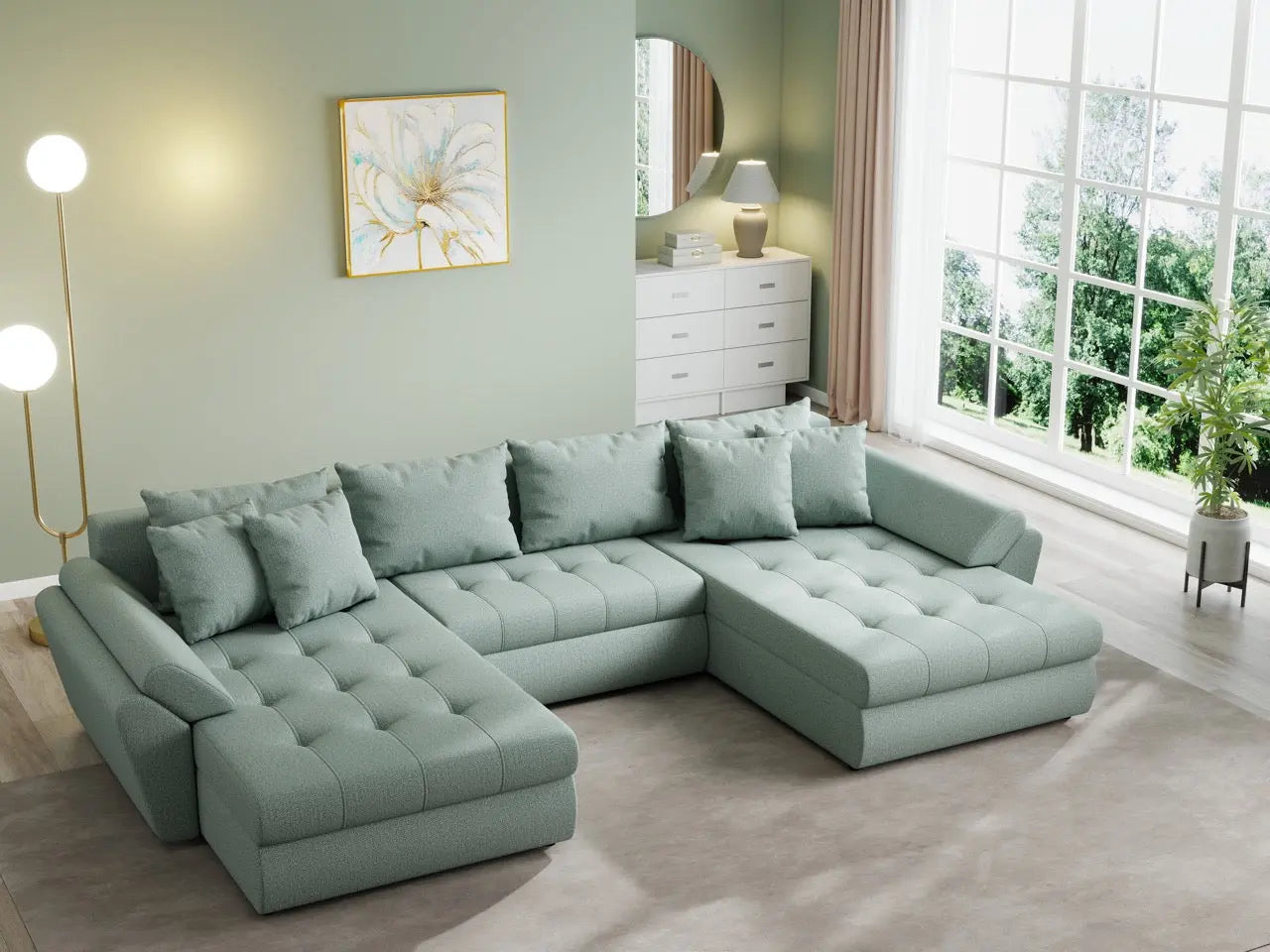 Colțar extensibil dumonde cu ladă de depozitare si sezut confortabil din spuma HR, Loana U Enjoy Mint 355x185 cm Fabrica