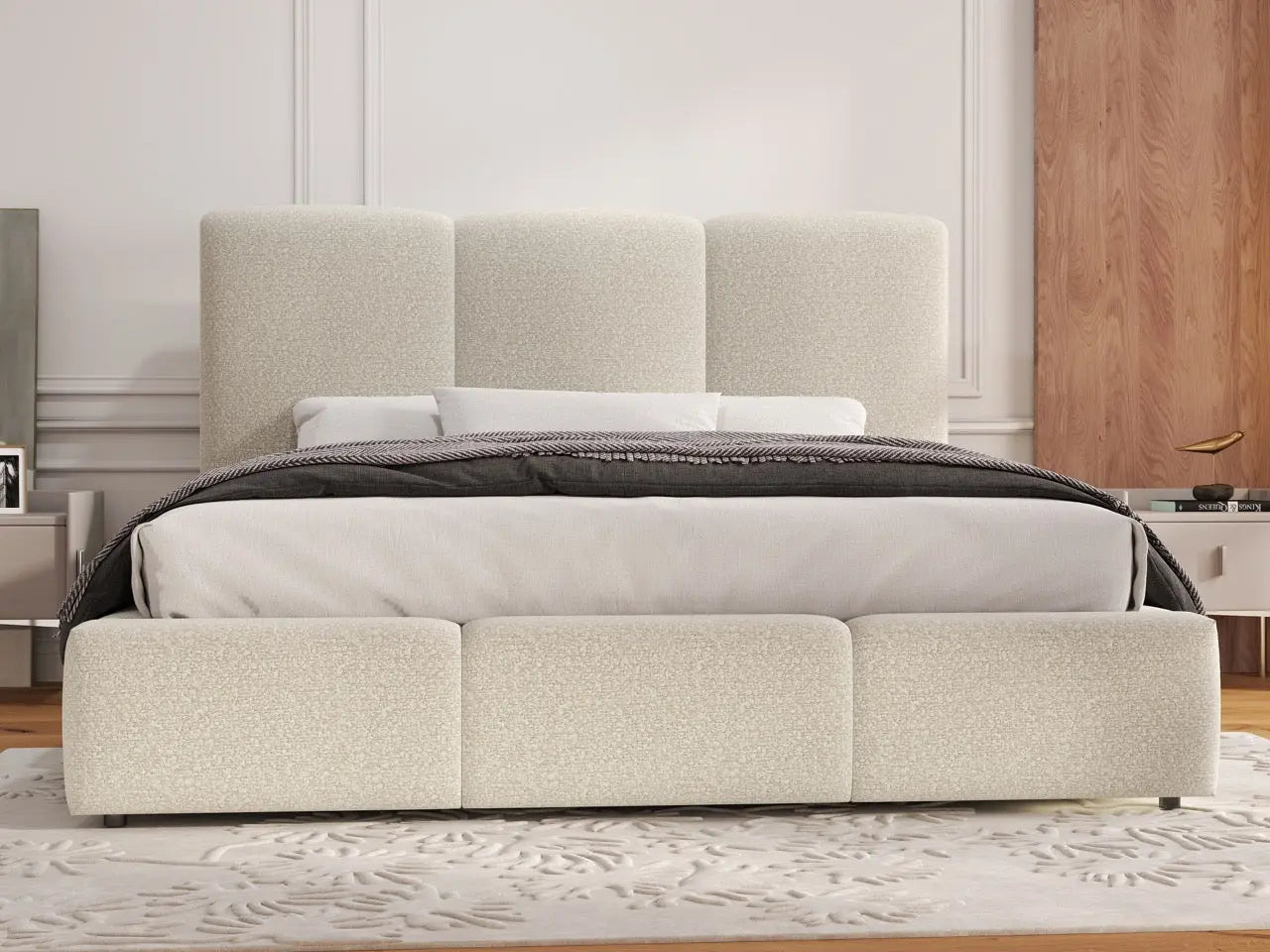 Pat dormitor dumonde, tapitat bej, Dinasty 140x200 cm, somiera rabatabila inclusa, spatiu depozitare WLS