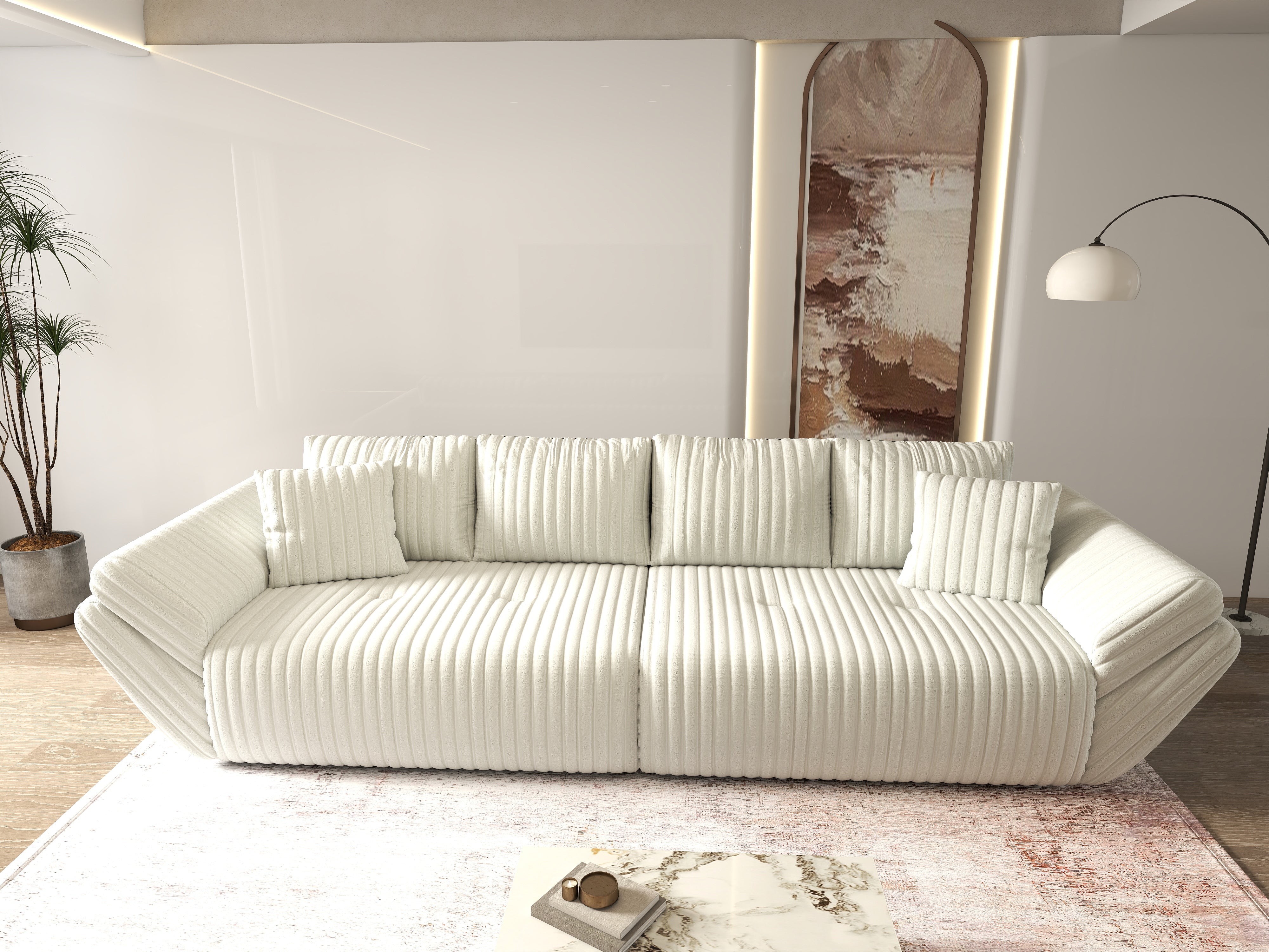 Canapea extensibilă dumonde cu ladă de depozitare si sezut confortabil din spuma HR, Berlin Ambience White 300x100 cm Fabrica