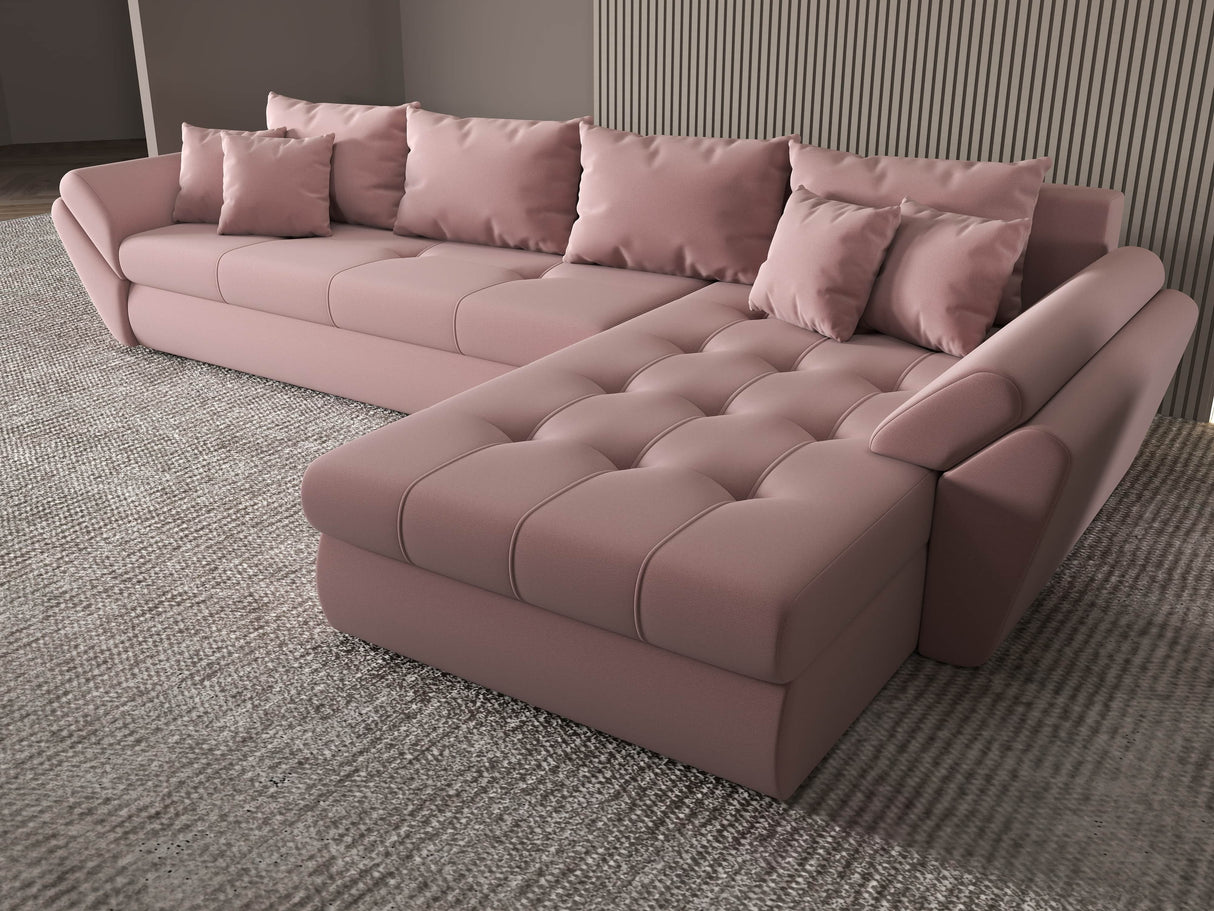 Colțar extensibil dumonde cu ladă de depozitare si sezut confortabil din spuma HR, Loana XL Royal Roz II 335x185 cm Fabrica