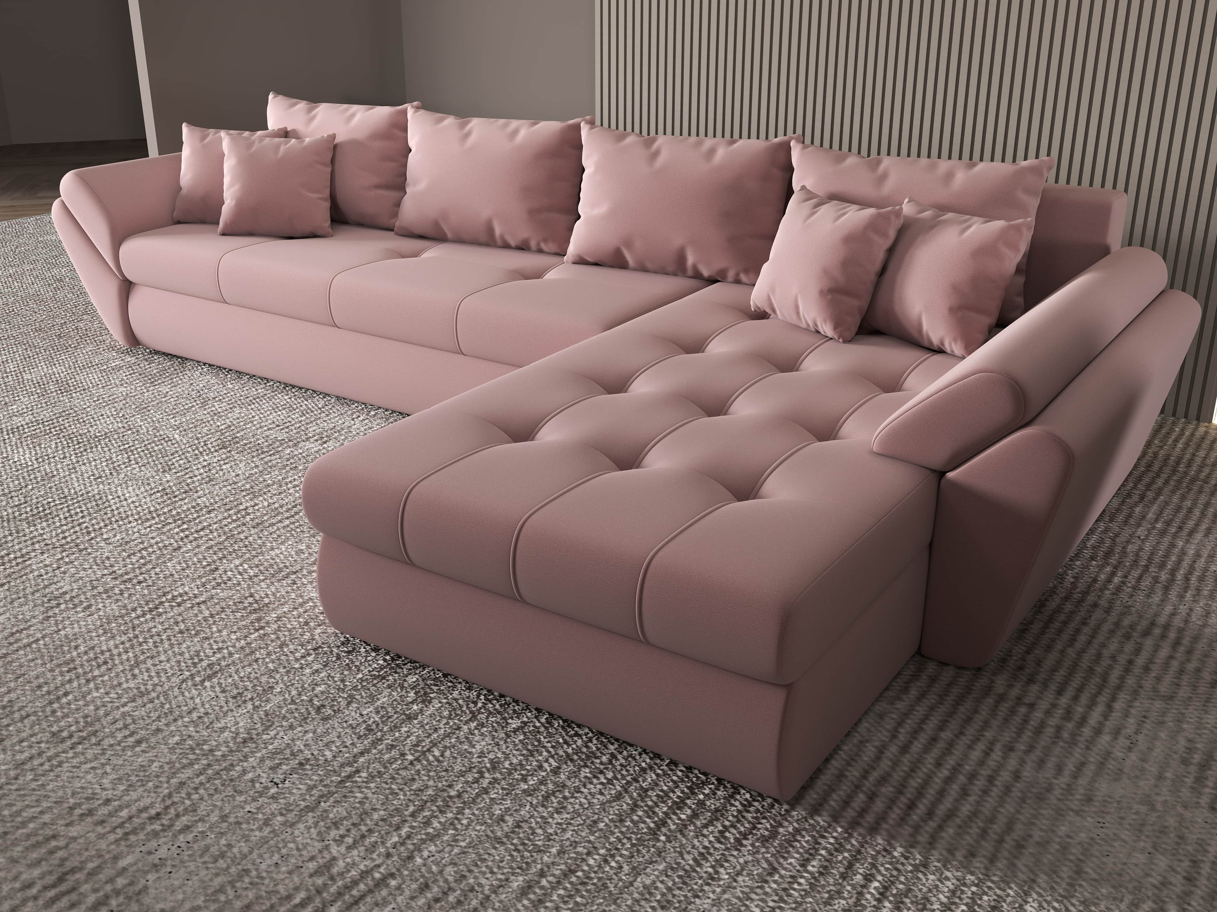 Colțar extensibil dumonde cu ladă de depozitare si sezut confortabil din spuma HR, Loana XL Royal Roz II 335x185 cm Fabrica