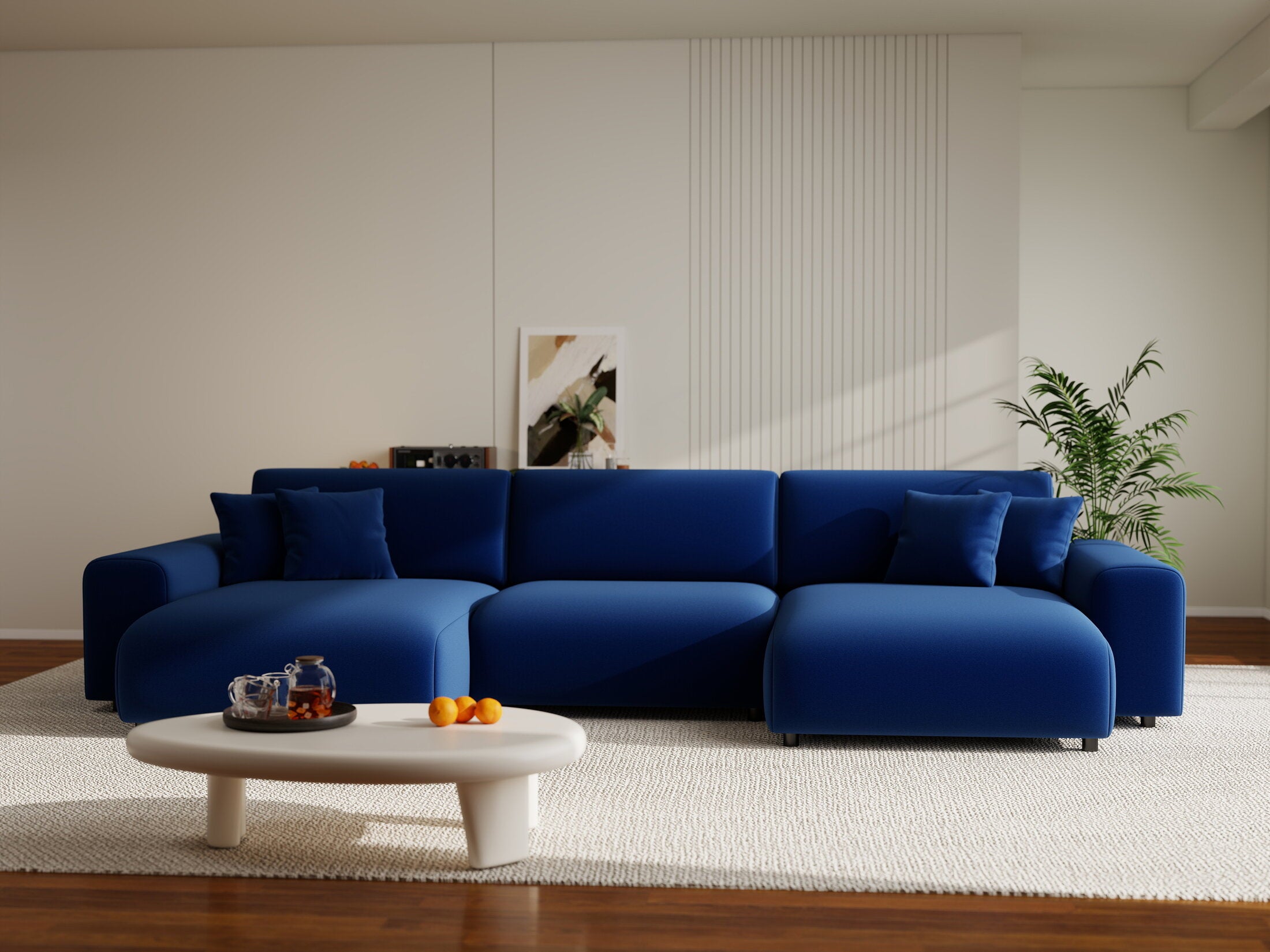 Colțar extensibil dumonde cu ladă de depozitare si sezut confortabil din spuma HR, Sarina U Royal Albastru Navy 350x168 cm