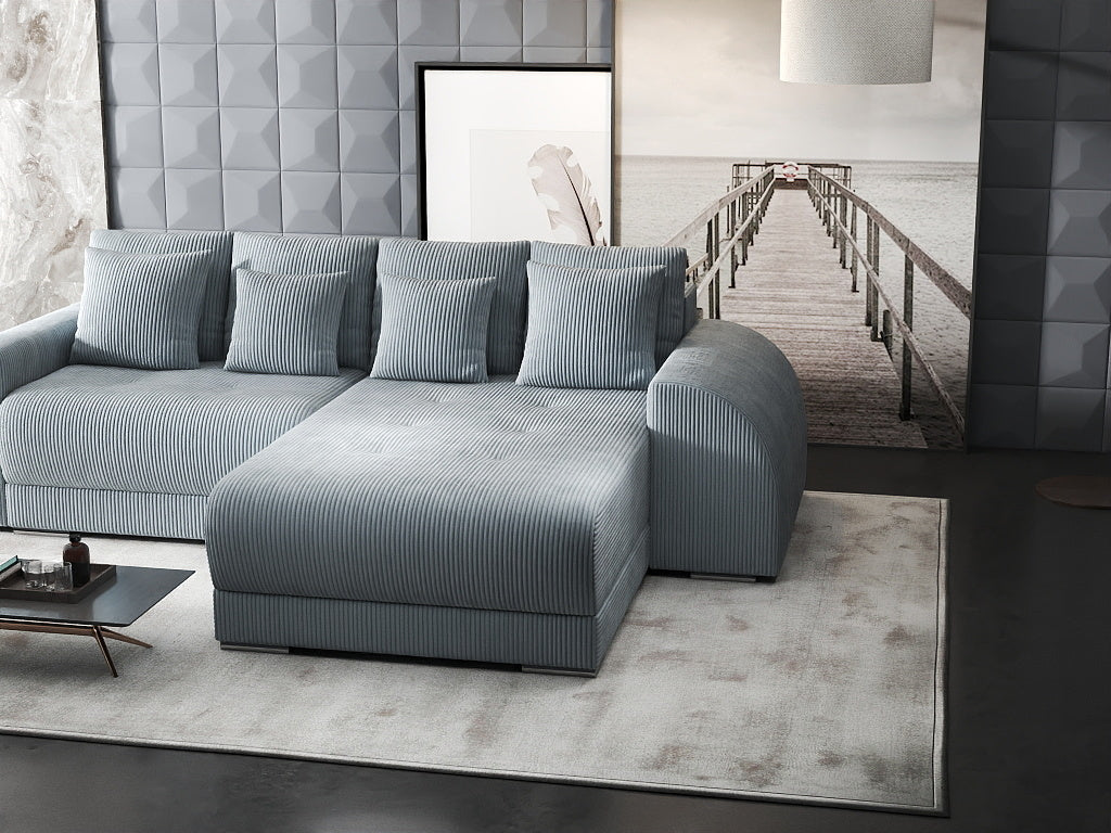 Colțar extensibil dumonde cu ladă de depozitare si sezut confortabil din spuma HR, Verona Zoom Gri Mint II 290x185 cm Fabrica