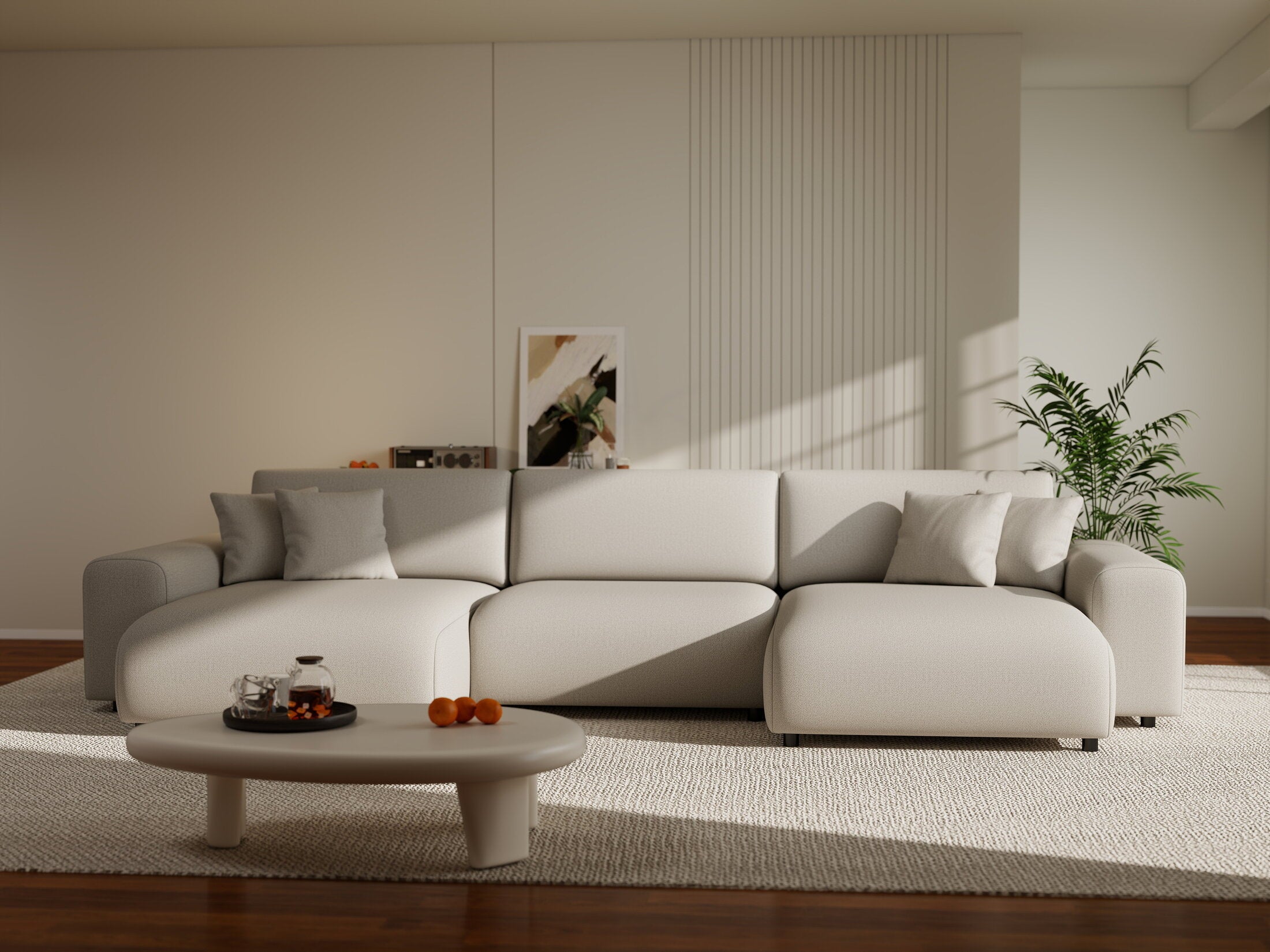 Colțar extensibil dumonde cu ladă de depozitare si sezut confortabil din spuma HR, Sarina U Enjoy Bej 350x168 cm