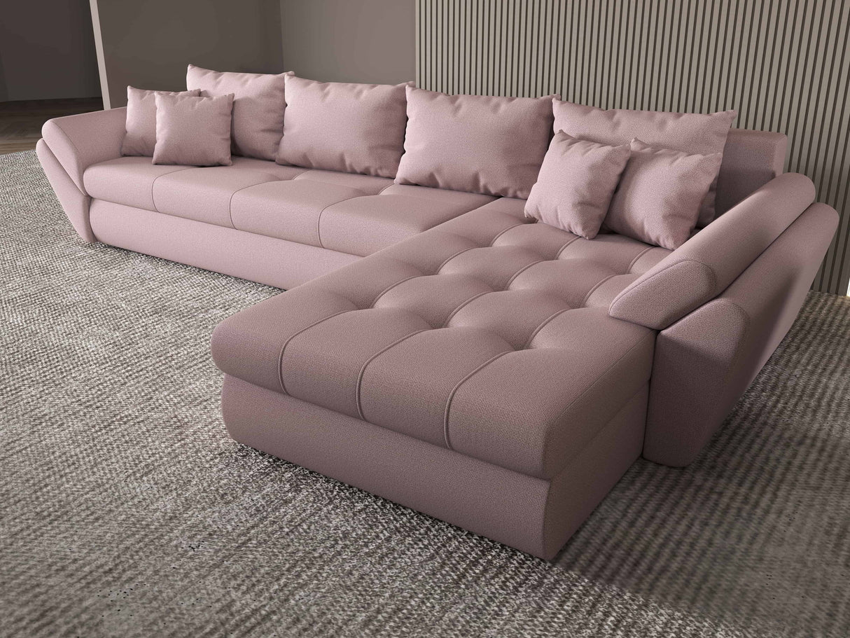 Colțar extensibil dumonde cu ladă de depozitare si sezut confortabil din spuma HR, Loana XL Enjoy Roz II 335x185 cm Fabrica