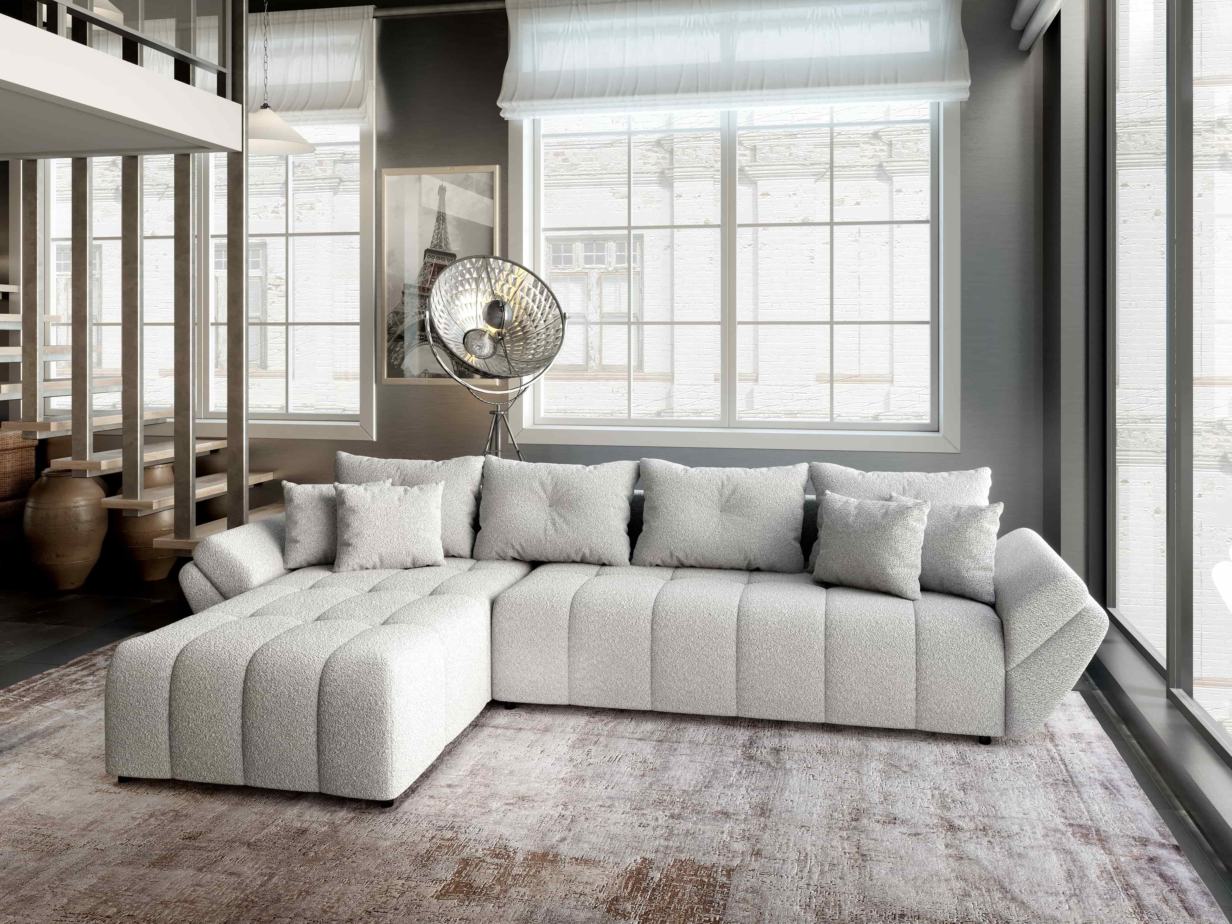 Colțar extensibil dumonde cu ladă de depozitare si sezut confortabil din spuma HR, Berlin XL Euphoria Grey 350x185 cm Fabrica