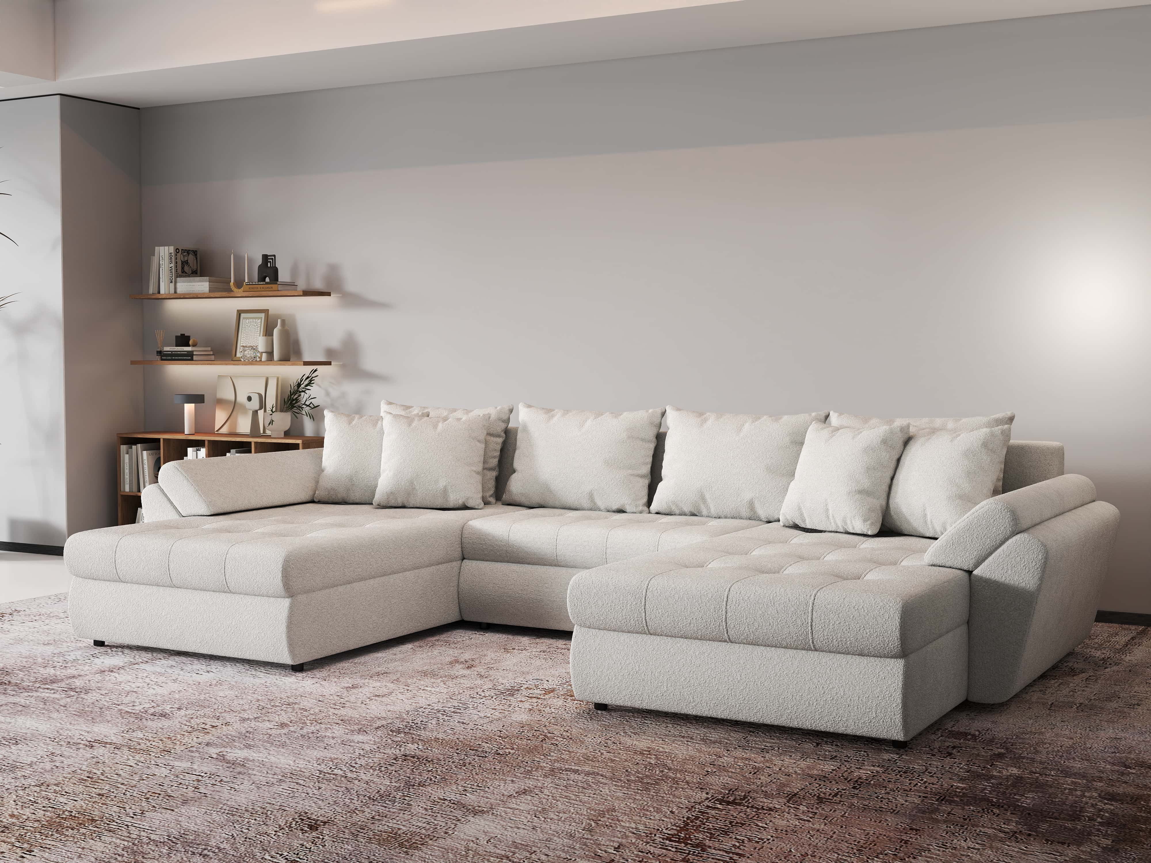 Colțar extensibil dumonde cu ladă de depozitare si sezut confortabil din spuma HR, Loana U Bej Euphoria 355x185 cm Fabrica