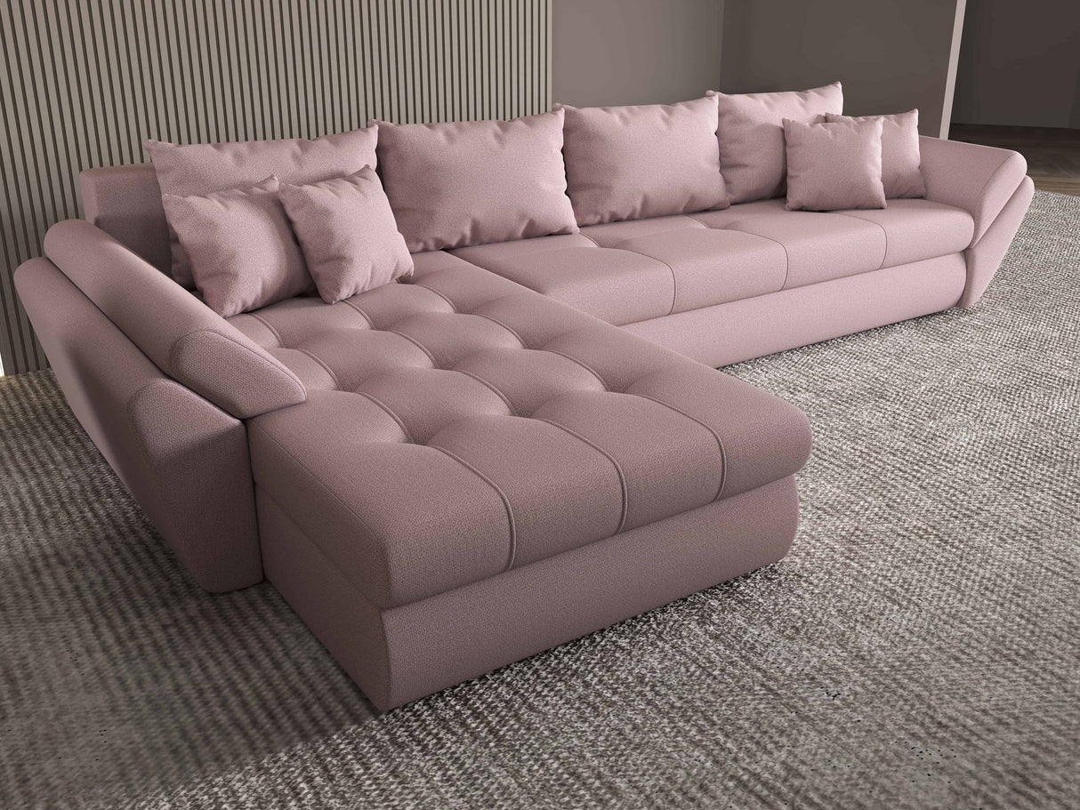 Colțar extensibil dumonde cu ladă de depozitare si sezut confortabil din spuma HR, Loana XL Enjoy Roz 335x185 cm Fabrica