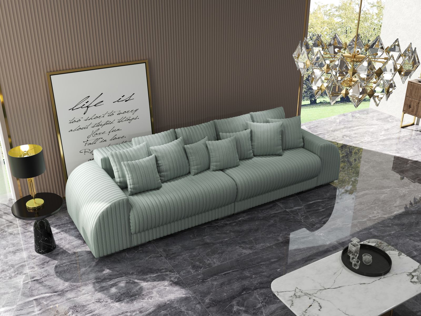 Canapea extensibilă dumonde cu 2 lăzi de depozitare si sezut confortabil din spuma HR, Verona Ambience Sage 310x100 cm Fabrica