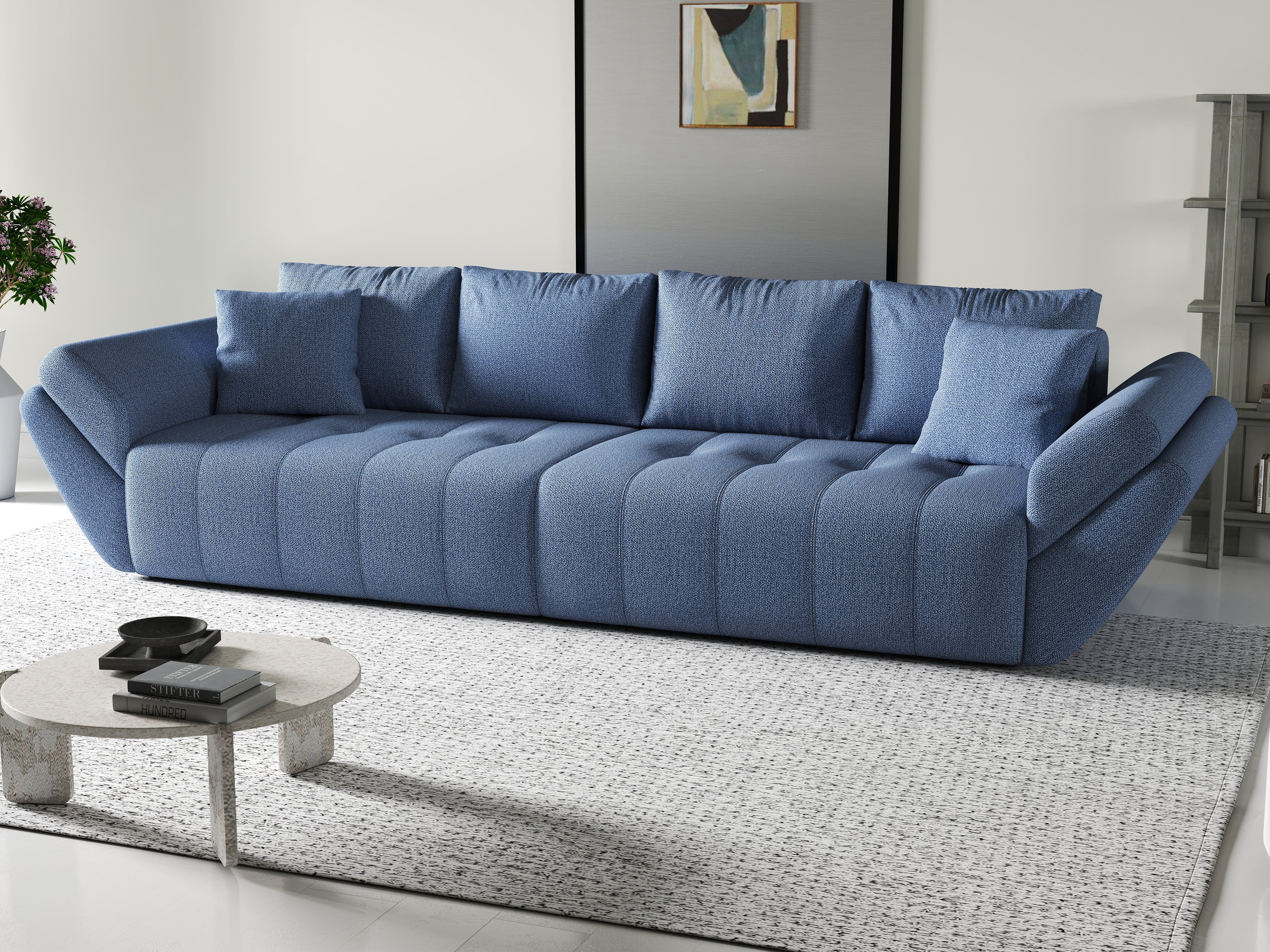 Canapea extensibilă dumonde cu ladă de depozitare si sezut confortabil din spuma HR, Berlin Blue 300x100 cm Fabrica