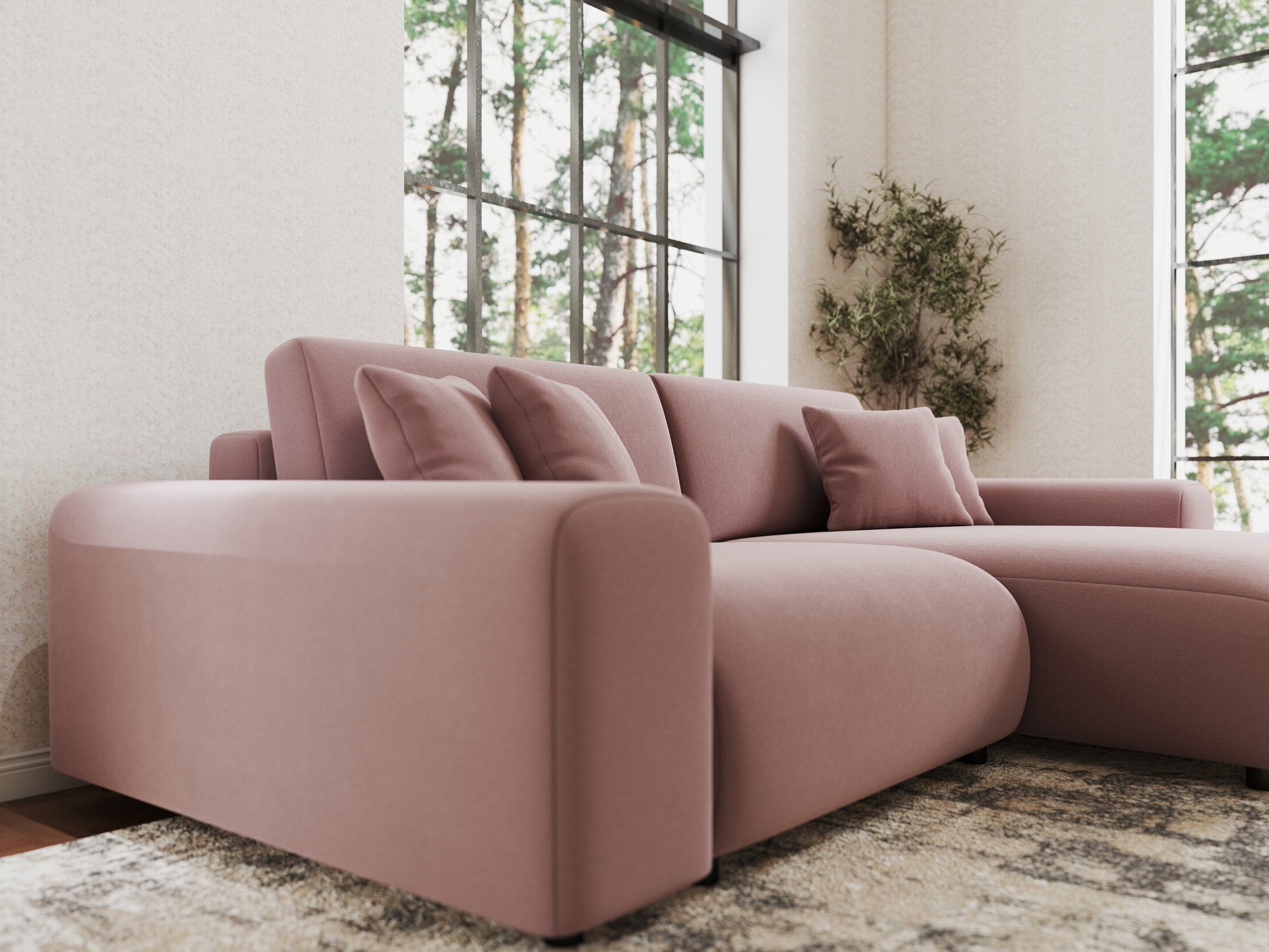 Colțar extensibil dumonde cu ladă de depozitare si sezut confortabil din spuma HR, Sarina Royal Roz 255x168 cm II