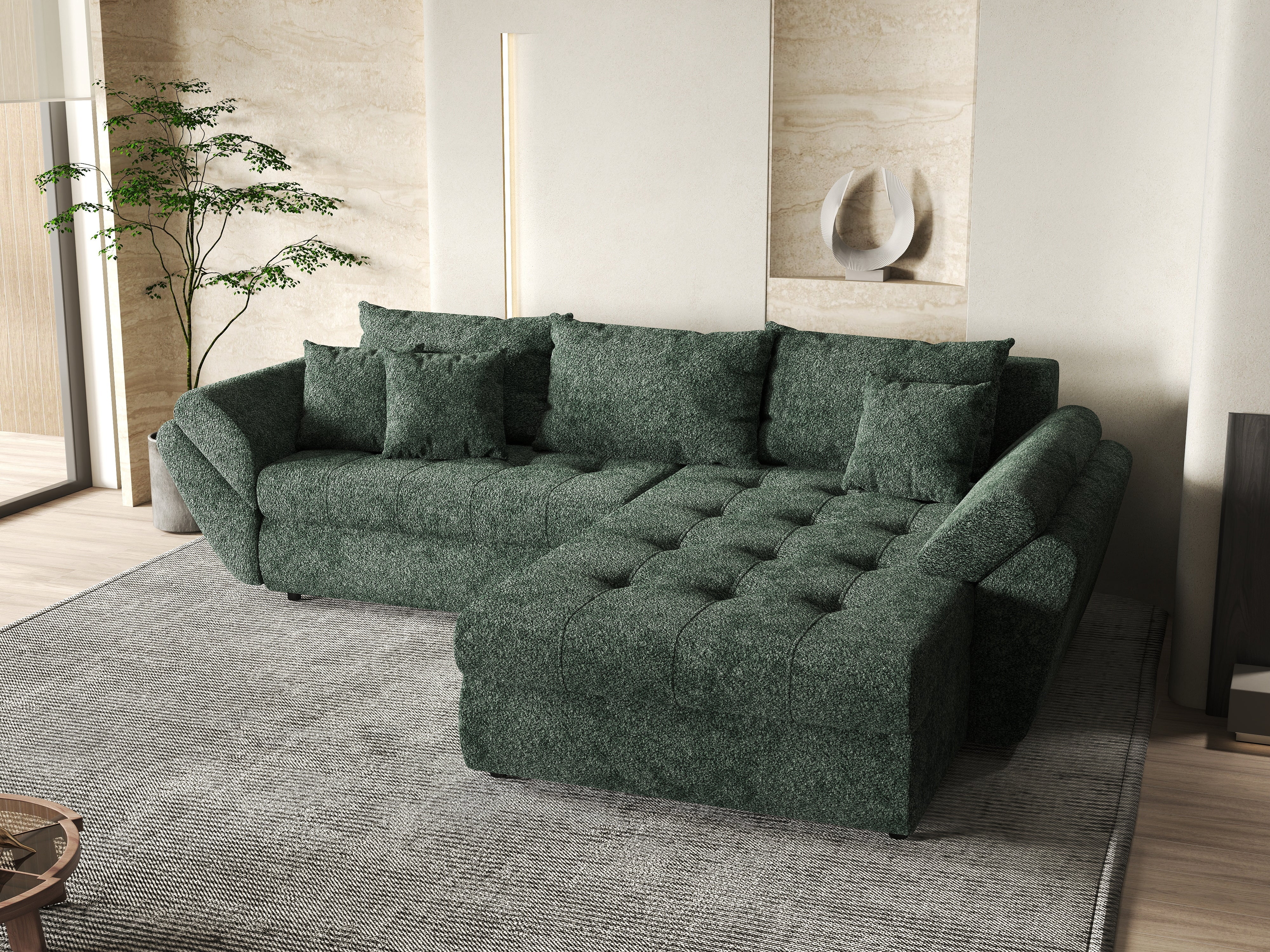 Colțar extensibil dumonde cu ladă de depozitare si sezut confortabil din spuma HR, Loana Verde Euphoria II 270x185 cm Fabrica