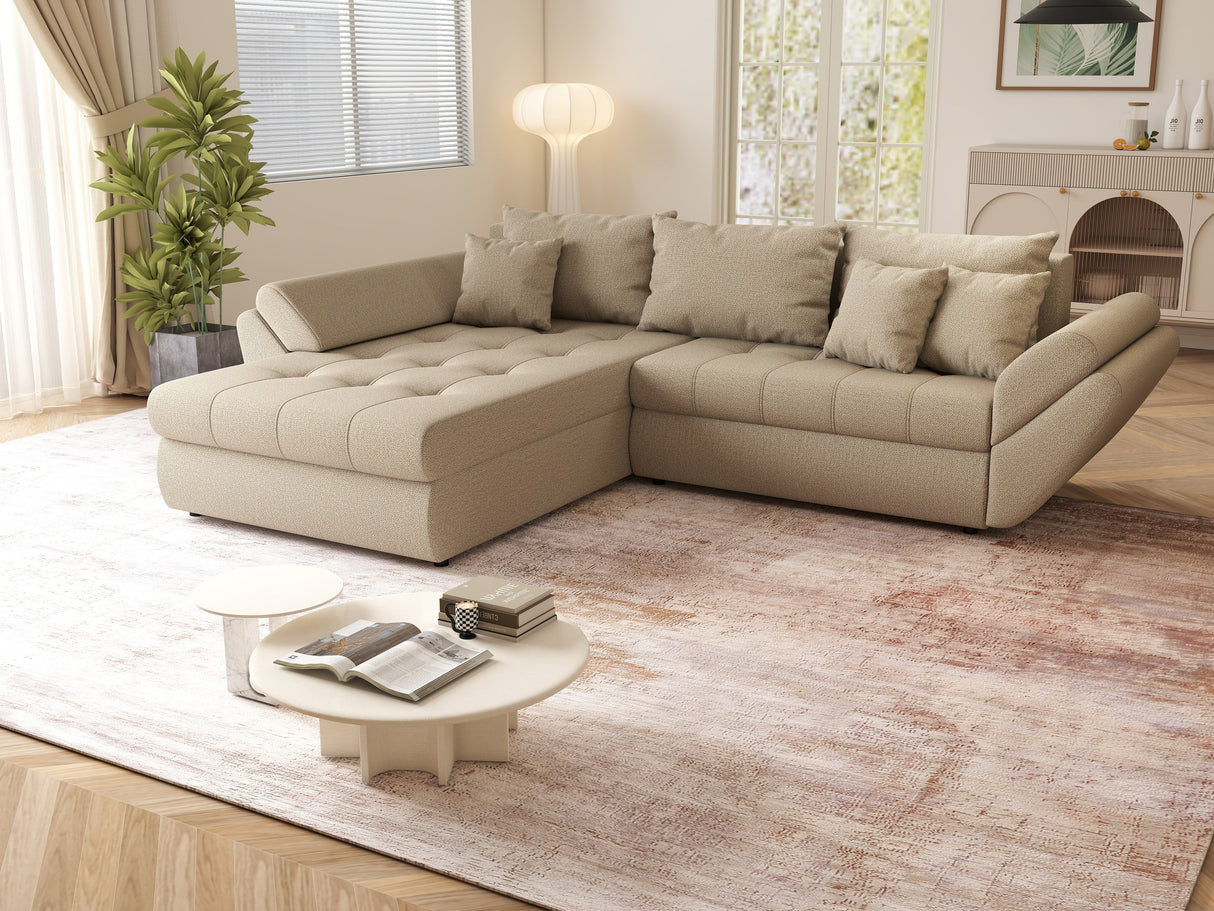 Colțar extensibil dumonde cu ladă de depozitare si sezut confortabil din spuma HR, Loana Camel 270x185 cm Fabrica