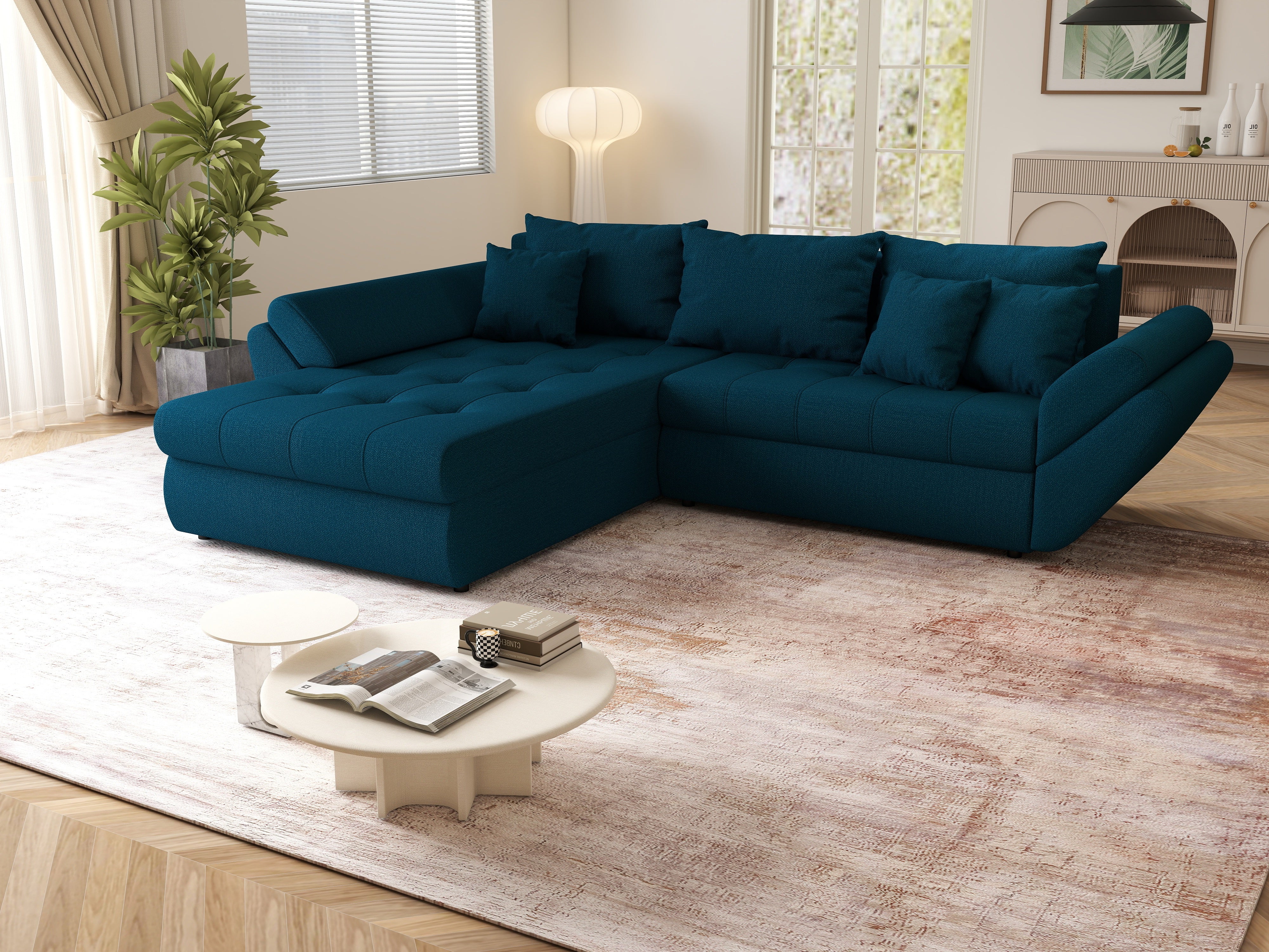 Colțar extensibil dumonde cu ladă de depozitare si sezut confortabil din spuma HR, Loana Petrol Green 270x185 cm Fabrica