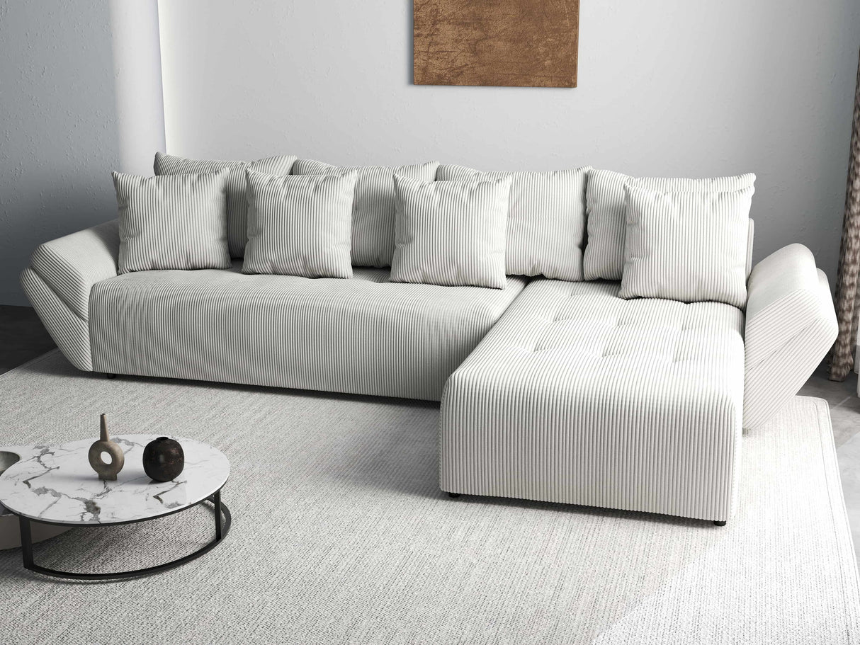 Colțar extensibil dumonde cu ladă de depozitare si sezut confortabil din spuma HR, Berlin XL Zoom Pearl 350x185 cm II Fabrica