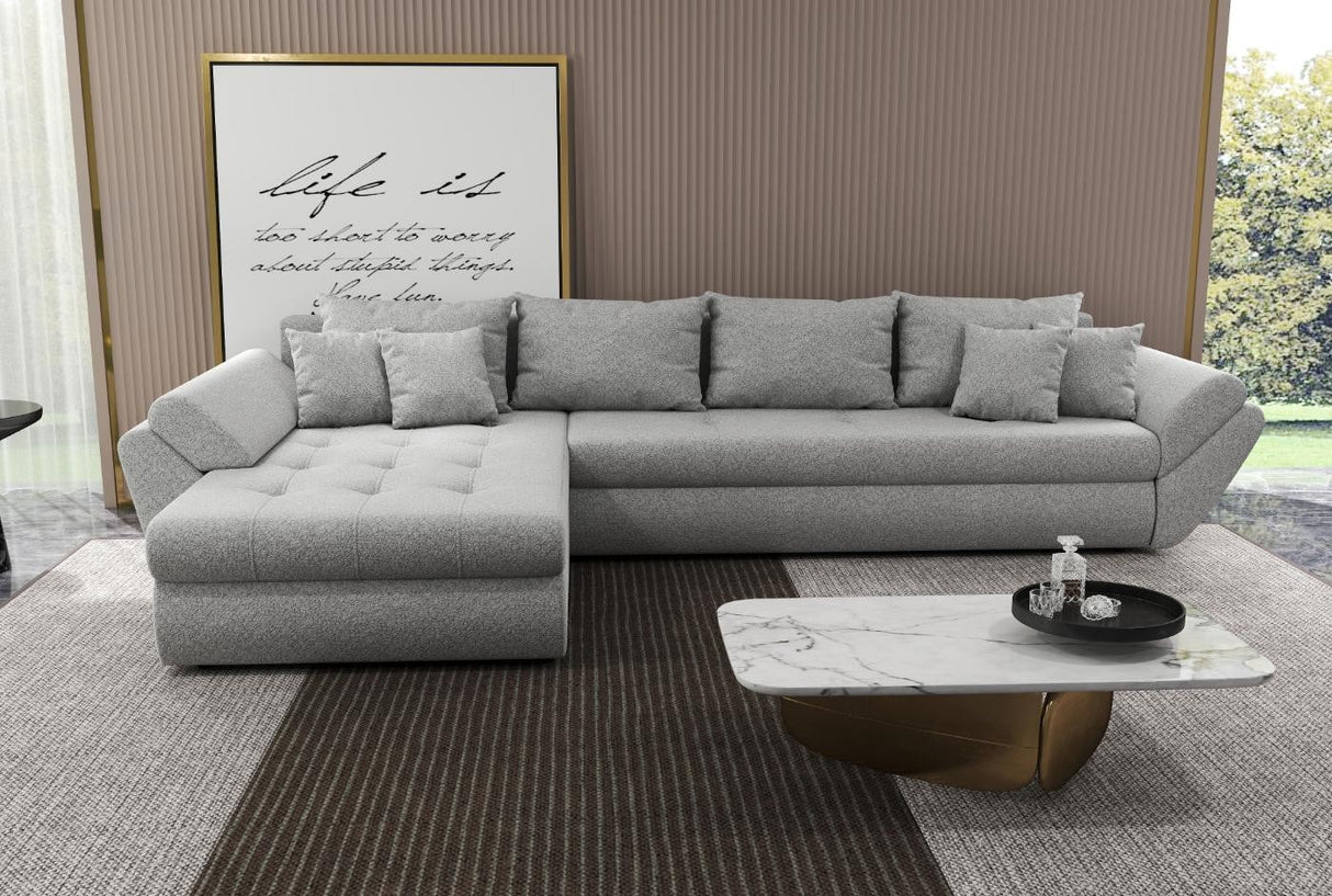 Colțar extensibil dumonde cu ladă de depozitare si sezut confortabil din spuma HR, Loana XL Euphoria Gri 335x185 cm Fabrica