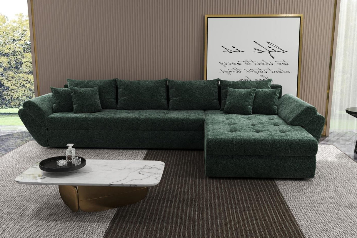 Colțar extensibil dumonde cu ladă de depozitare si sezut confortabil din spuma HR, Loana XL Euphoria Verde II 335x185 cm Fabrica