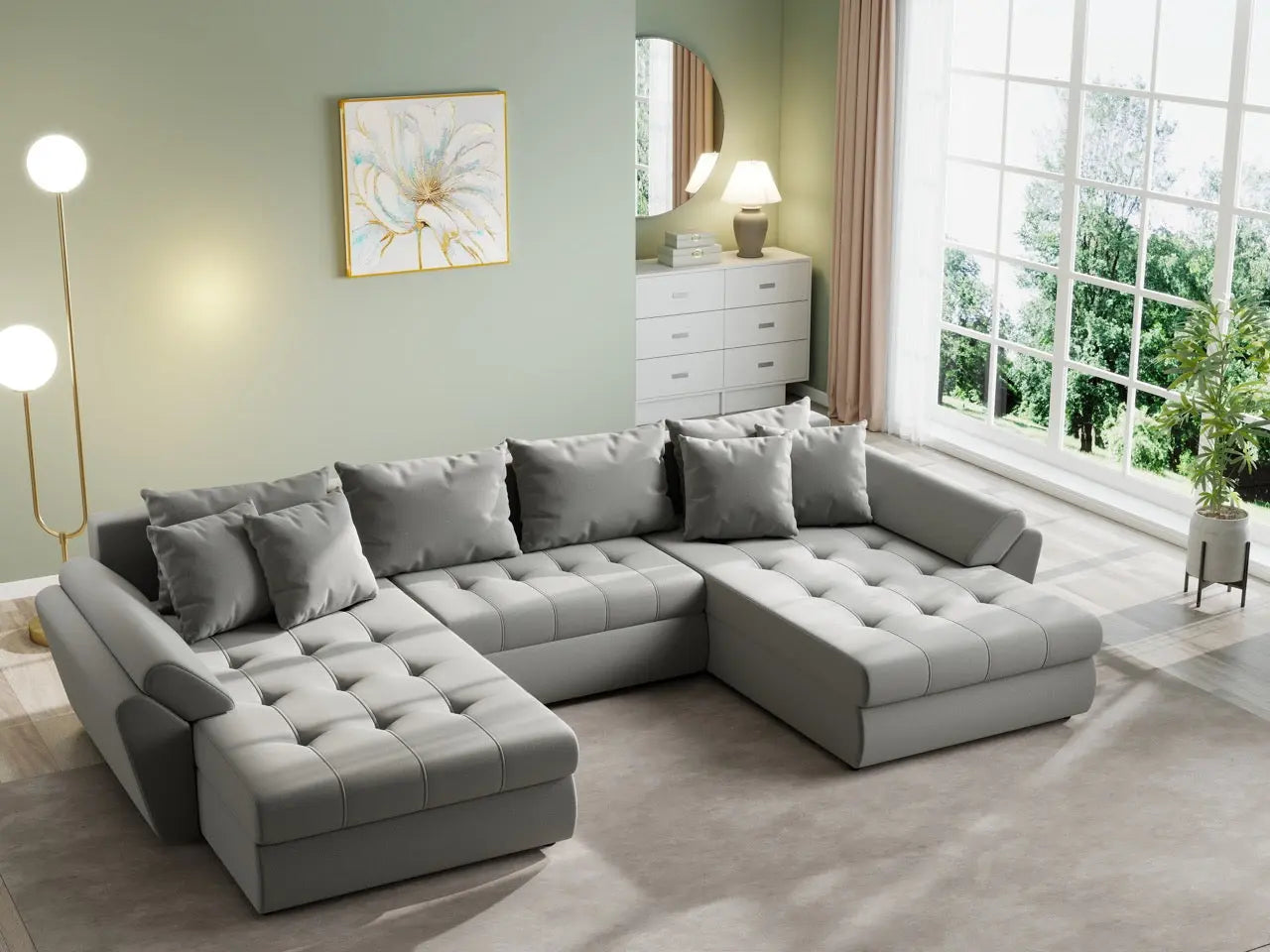 Colțar extensibil dumonde cu ladă de depozitare si sezut confortabil din spuma HR, Loana U Royal Grey 355x185 cm Fabrica