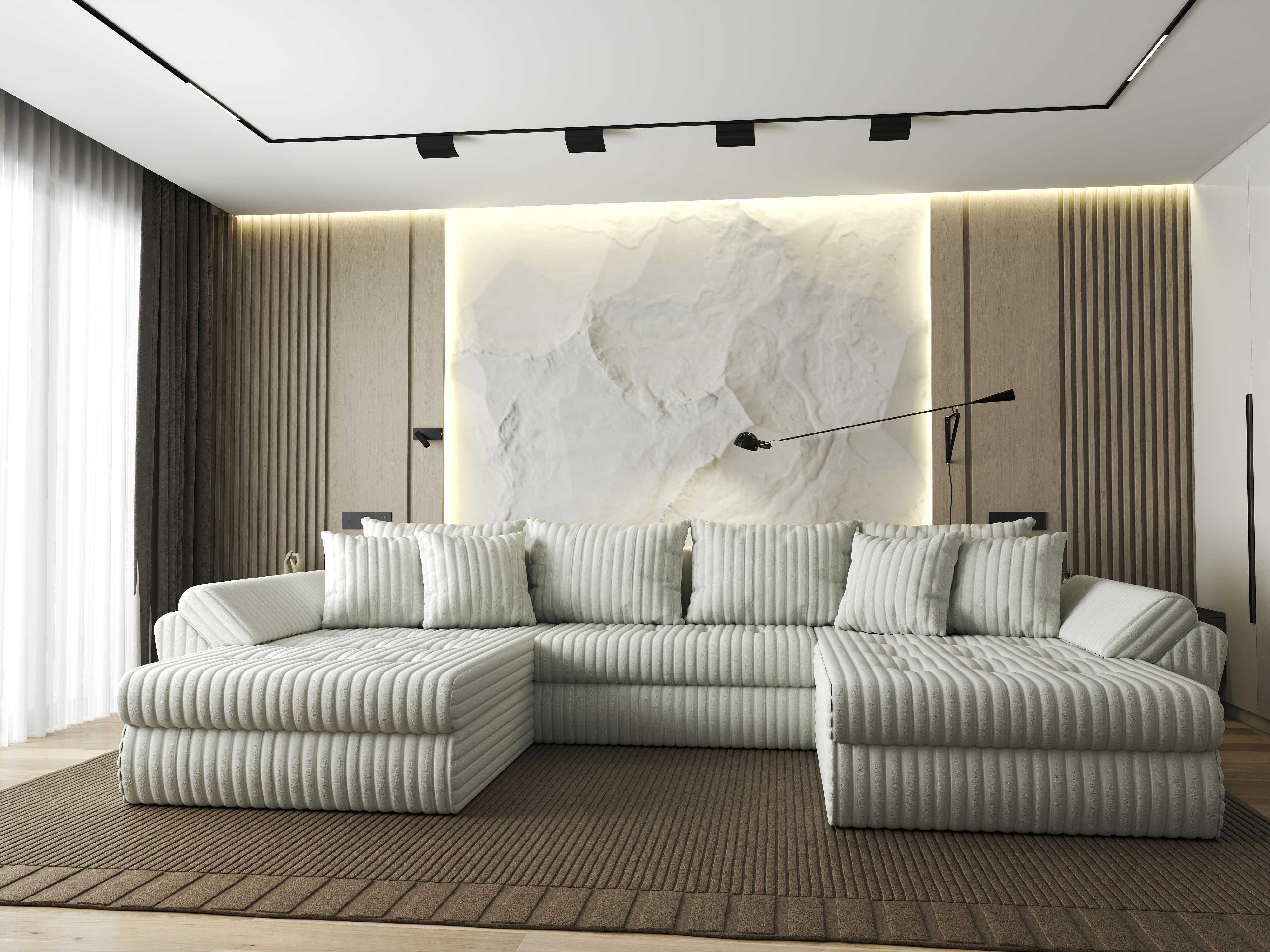 Colțar extensibil dumonde cu ladă de depozitare si sezut confortabil din spuma HR, Loana U Bej Ambience 355x185 cm Fabrica