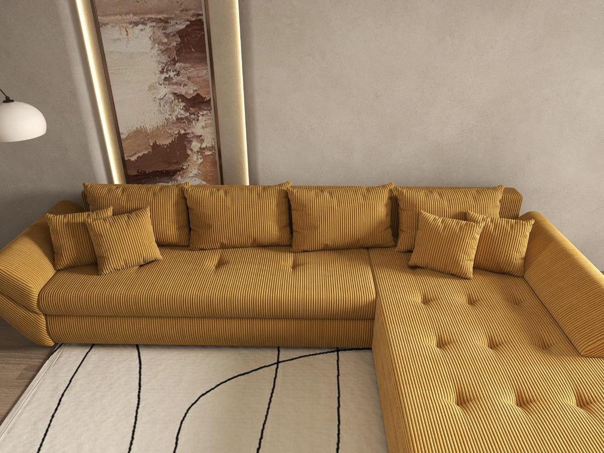 Colțar extensibil dumonde cu ladă de depozitare si sezut confortabil din spuma HR, Loana XL Zoom Mustar II 335x185 cm Fabrica