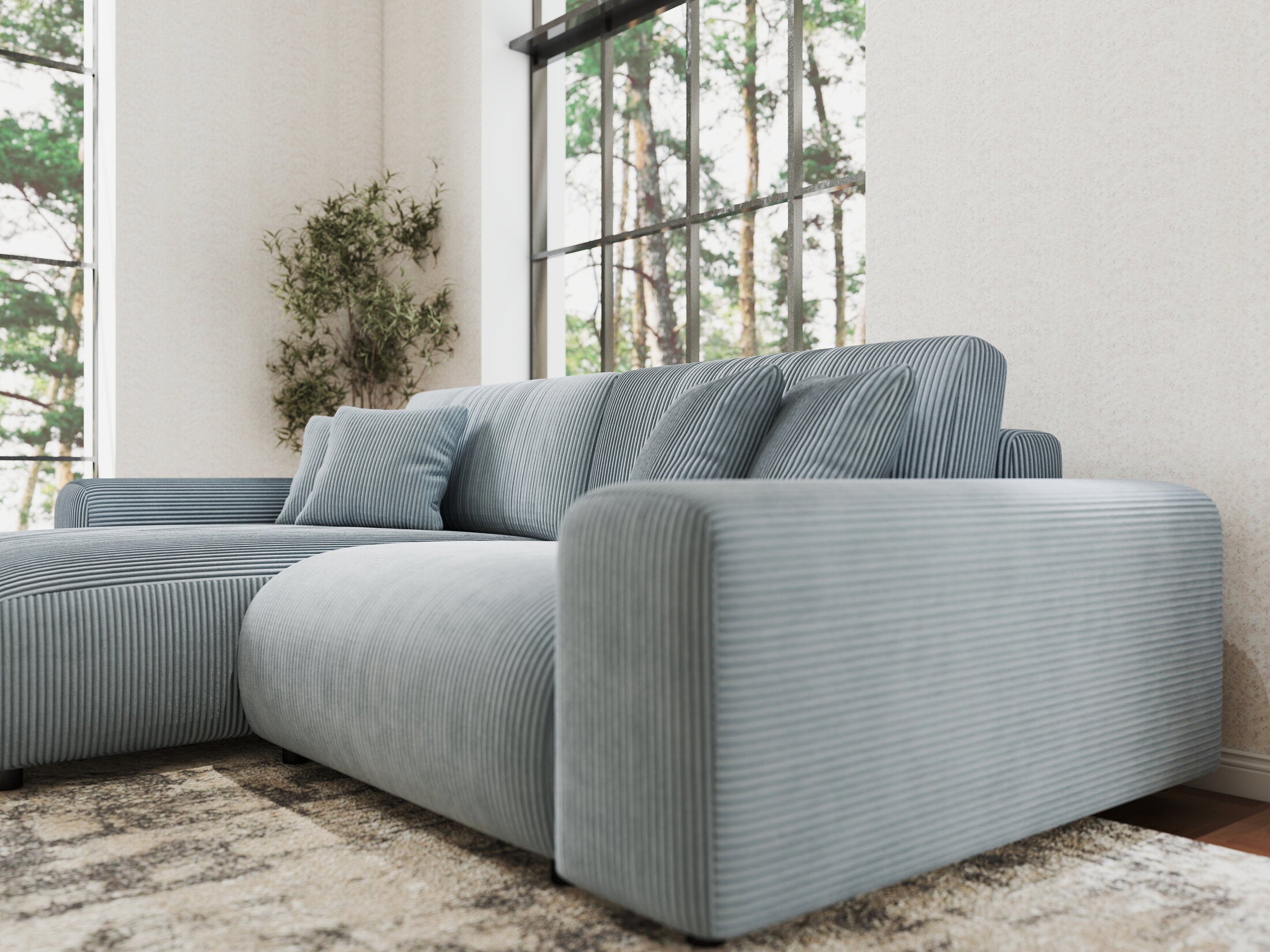 Colțar extensibil dumonde cu ladă de depozitare si sezut confortabil din spuma HR, Sarina Zoom Gri Mint 255x168 cm