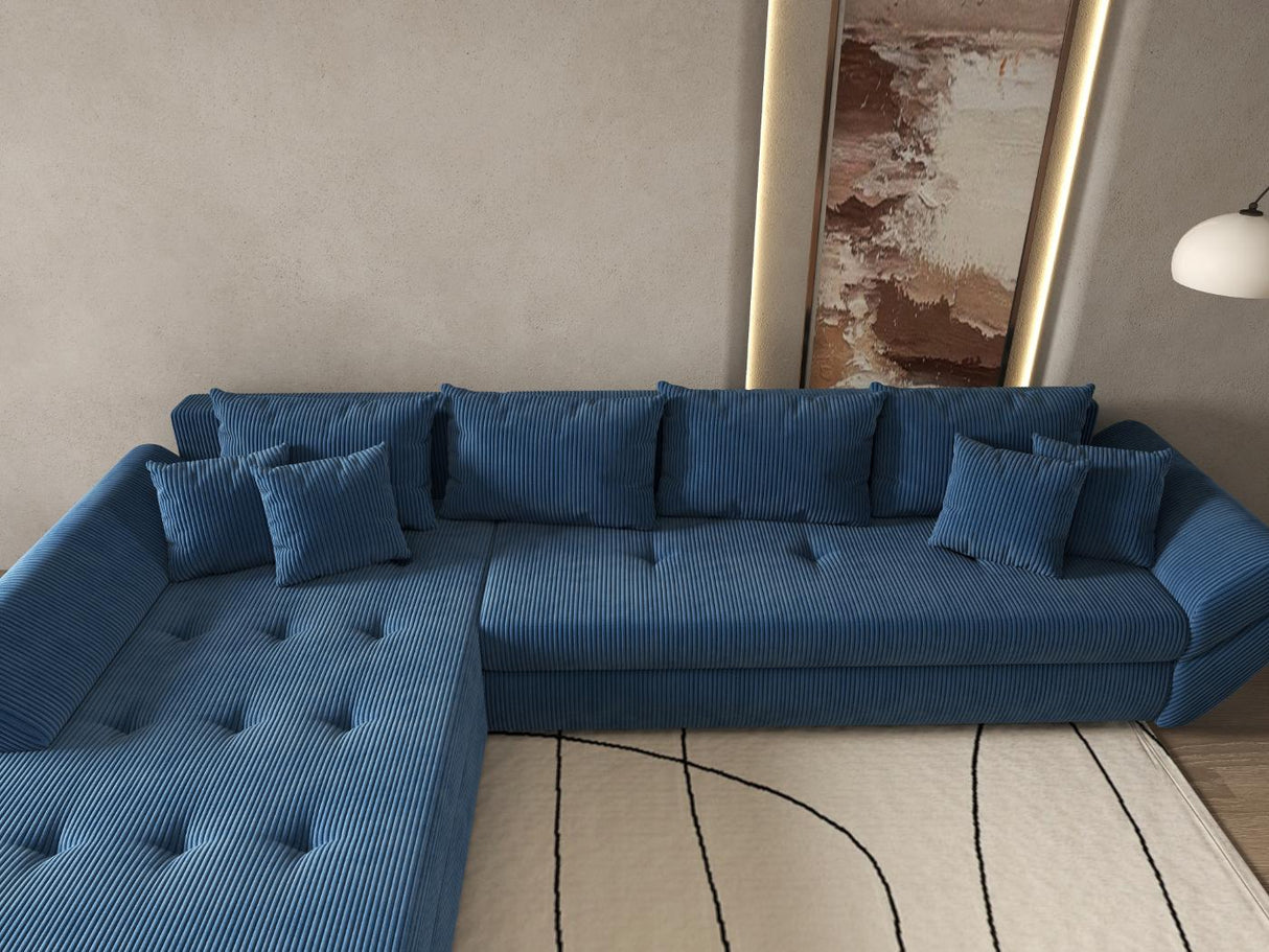 Colțar extensibil dumonde cu ladă de depozitare si sezut confortabil din spuma HR, Loana XL Zoom Albastru 335x185 cm Fabrica