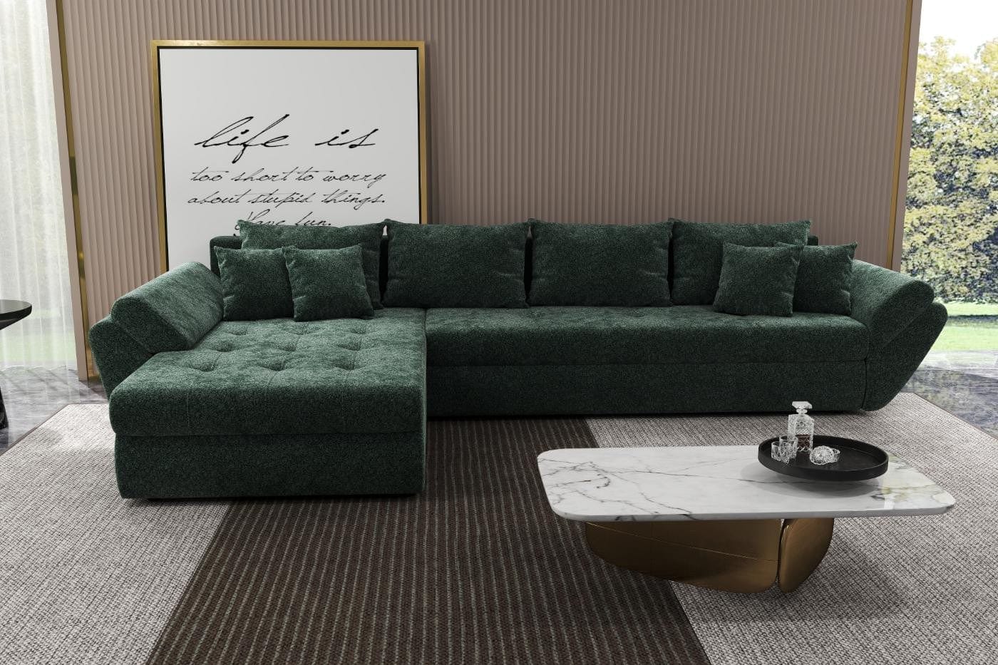 Colțar extensibil dumonde cu ladă de depozitare si sezut confortabil din spuma HR, Loana XL Euphoria Verde 335x185 cm Fabrica