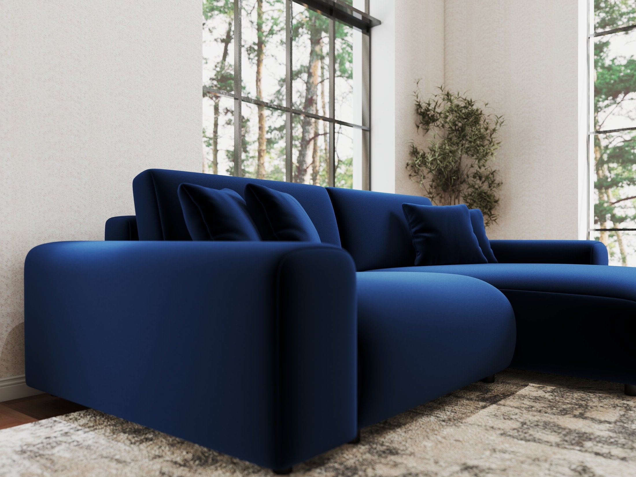 Colțar extensibil dumonde cu ladă de depozitare si sezut confortabil din spuma HR, Sarina Royal Albastru Navy 255x168 cm II